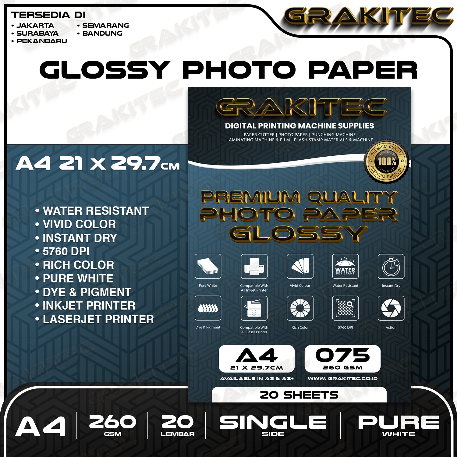 Kertas Foto Glossy A4 - GRAKITEC Premium Photo Glossy Paper A4 260, 230, 200, 180, 120 GSM