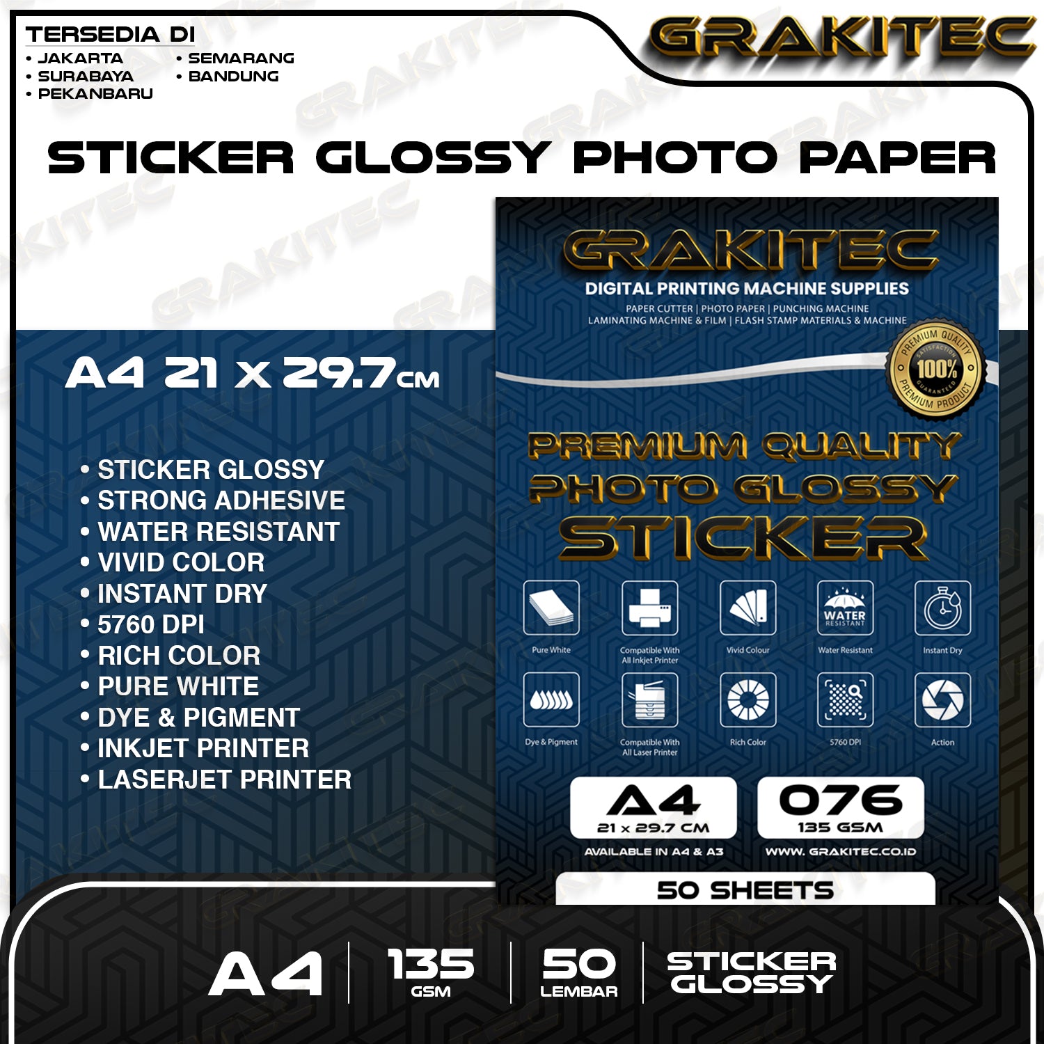 Kertas Stiker Foto Glossy A4/F4/A3 | 80&135 GSM 20/50 Lembar - Glossy Photo Sticker Paper ( Support Printer Epson/Canon/HP/Brother Ori Dye )