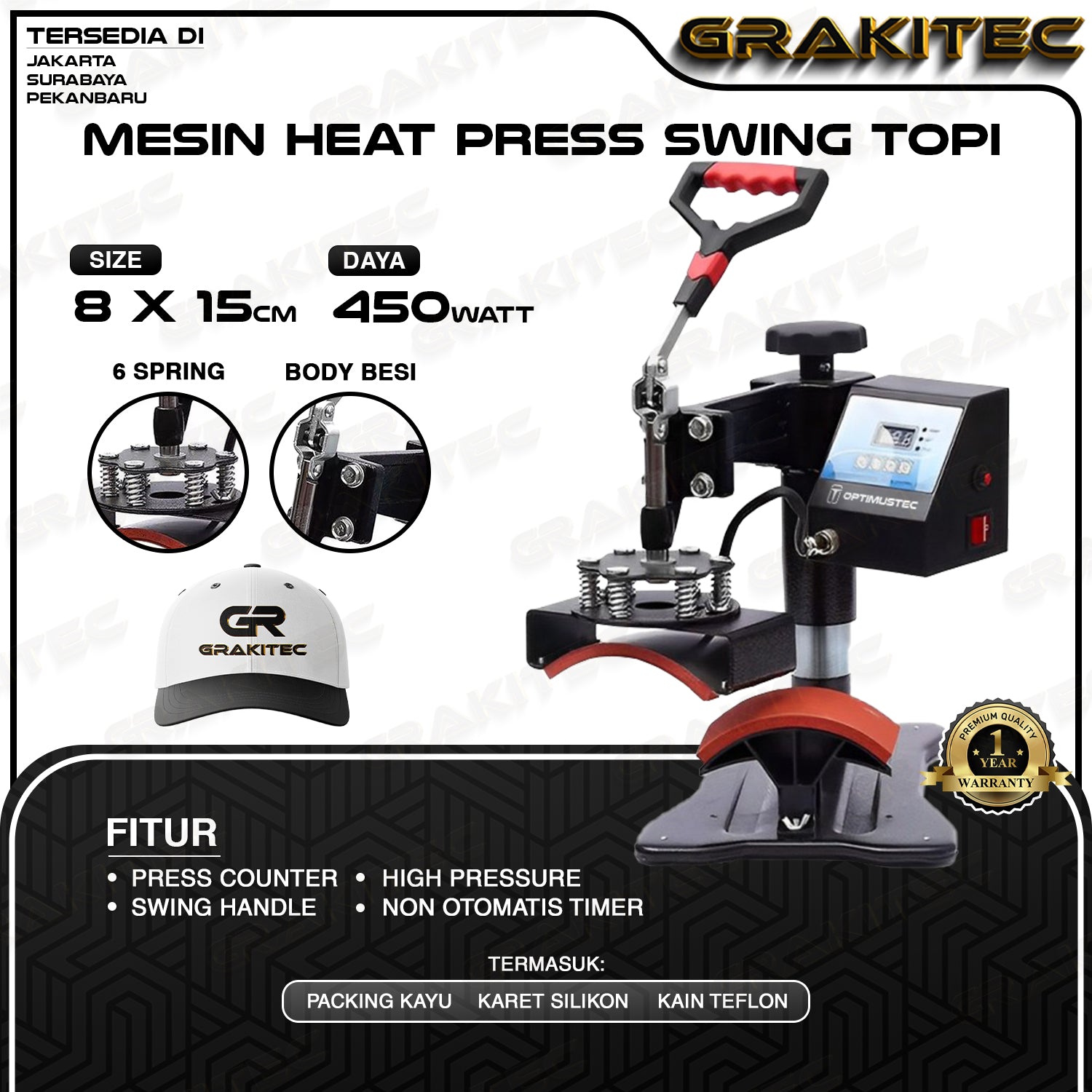 Mesin Press Sablon SWING Topi & Logo / 2in1  Mesin Sablon untuk Topi kaos, Logo, Label, Kerah Leher, Inside Tag, lengan, Saku