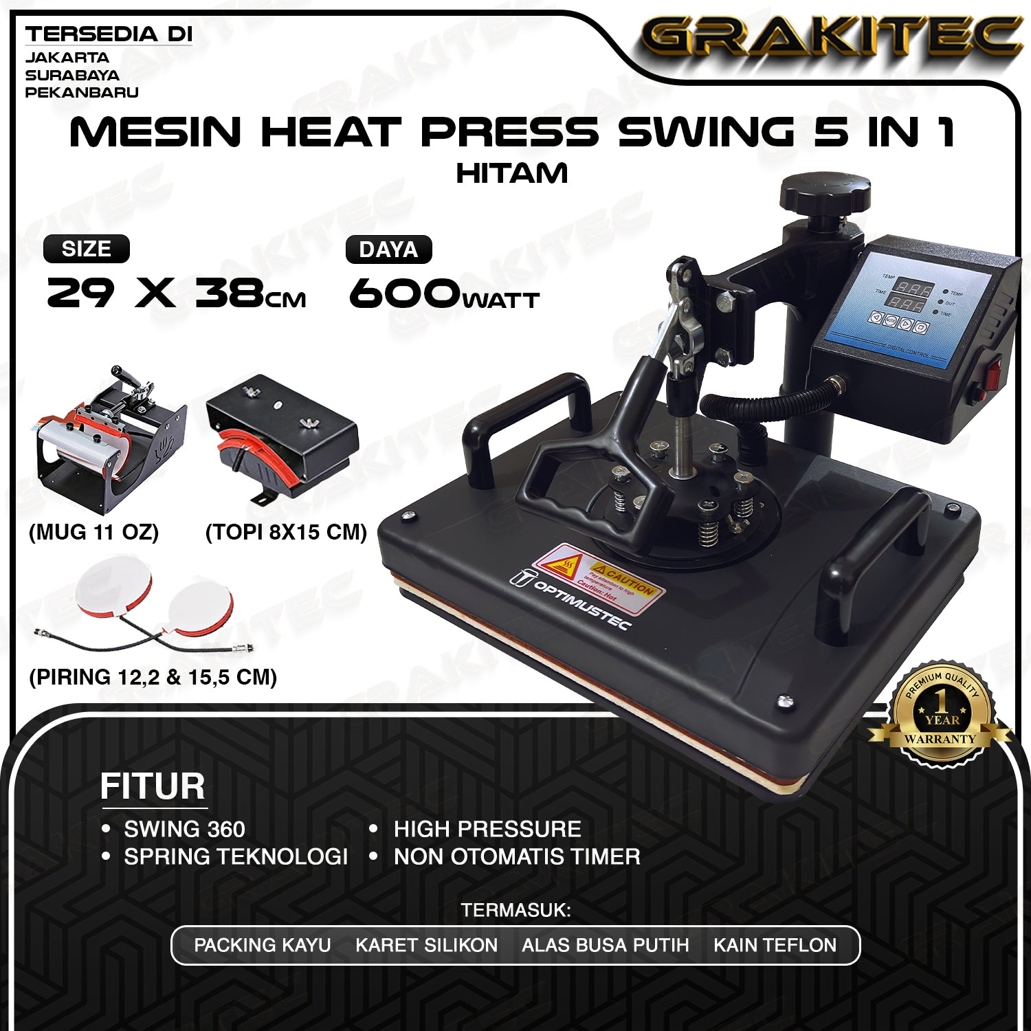 Mesin Press Sablon Kaos Swing 29x38 600 Watt Multifungsi  Combo All in One 3in1, 5in1, 9in1 Sliding - Kaos, Mug, Topi, dan Piring