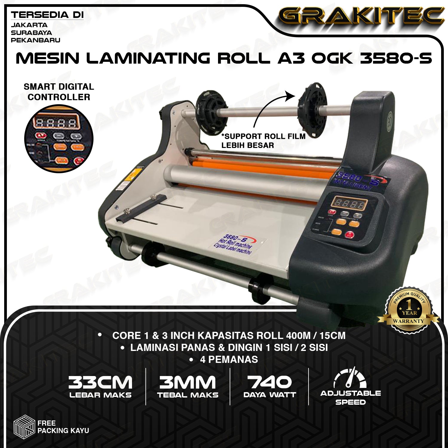Mesin Laminasi / Laminating Roll A3+ OGK 3580s Hot ( Panas ) + Cold ( Dingin ) 4 Lampu Pemanas