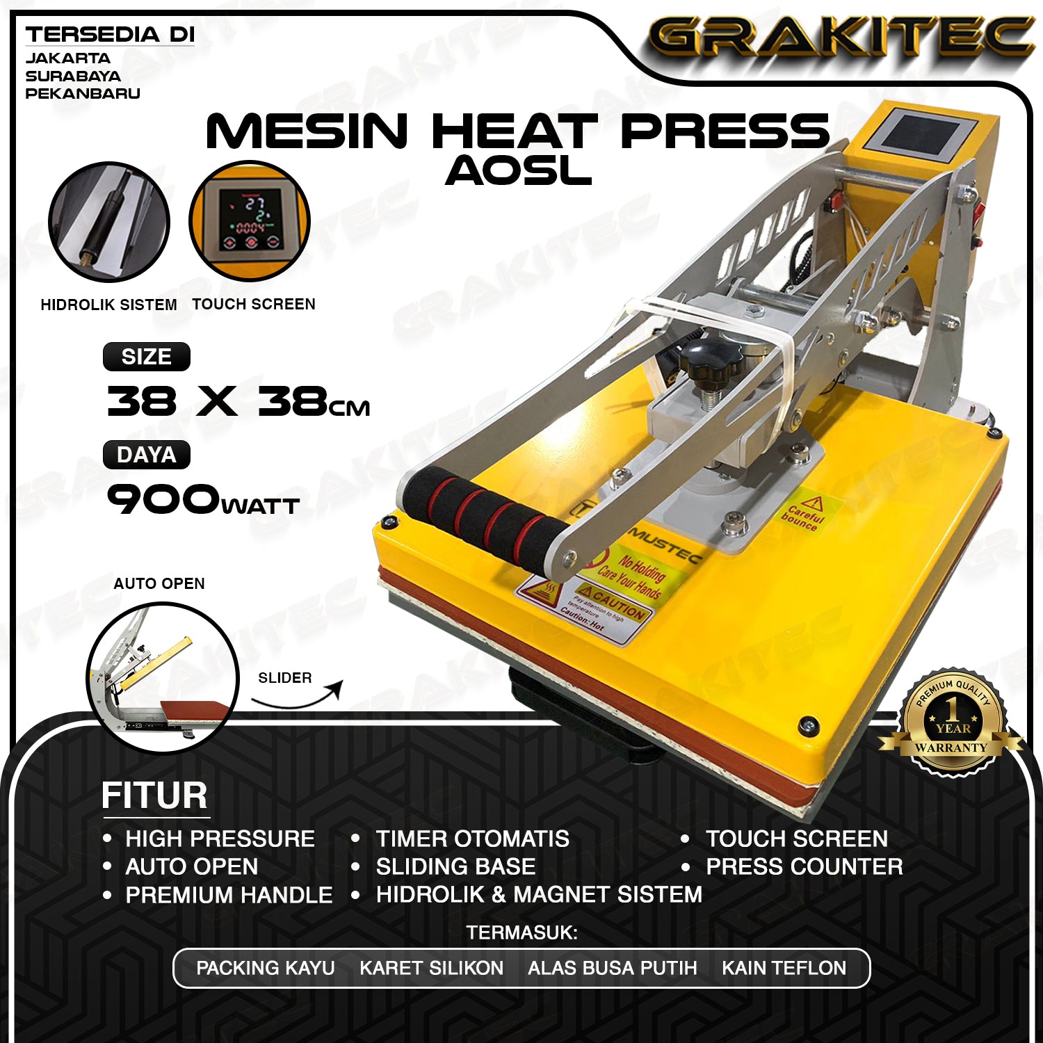 Mesin Press Sablon Kaos 38x38 900 Watt AOSL OTOMATIS Auto Open Sliding  Heat Press HIGH PRESSURE (ALAS ALUMINIUM + KARET SILIKON ASLI) Mesin Sablon untuk Kaos,Bag,Puzzle,PlatAluminium,Bantal(DTG,DTF,Polyflex,Sublime,Transfer,Paper,Platisol,Rubber)