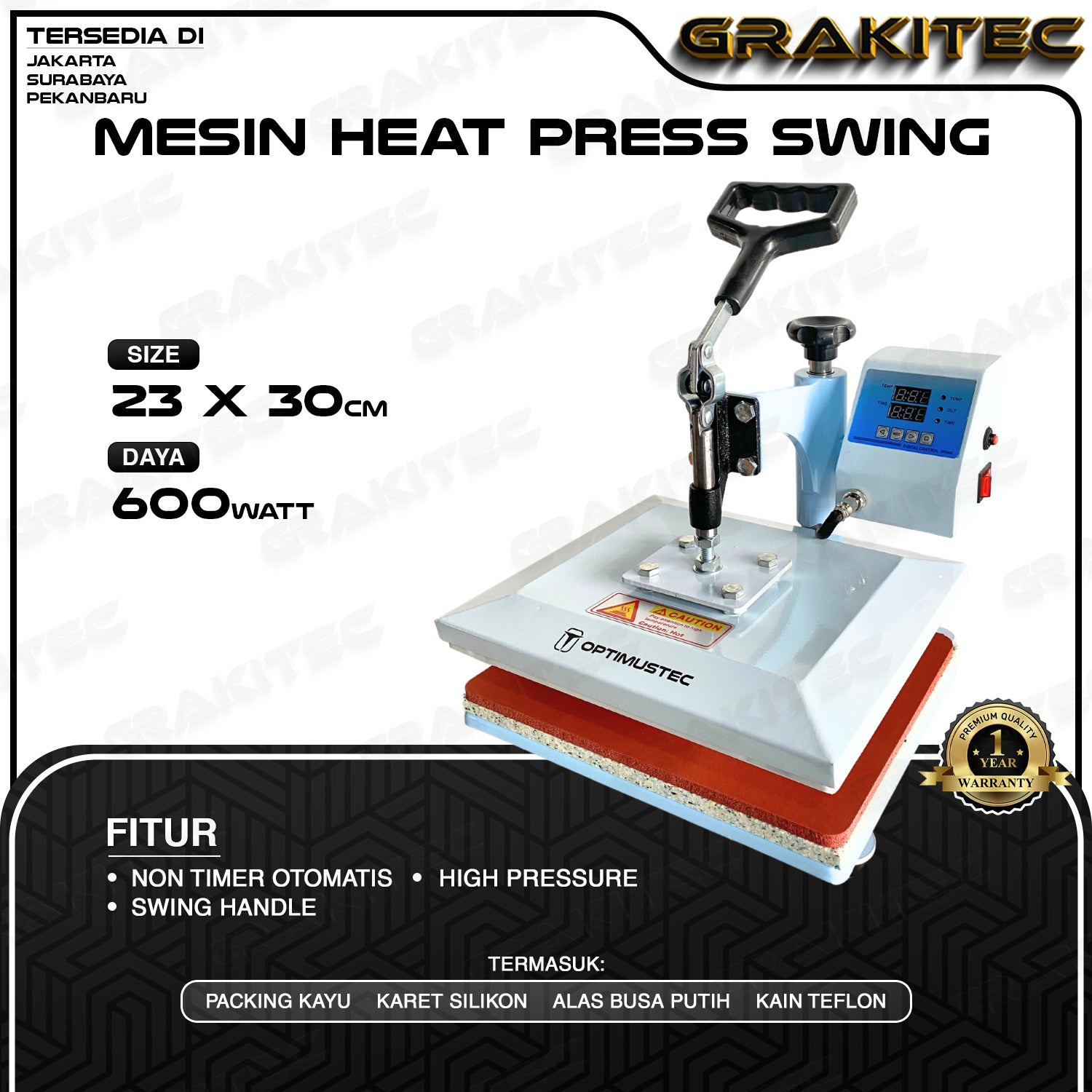Mesin Press Sablon Kaos Swing 23x30 600 Watt Sablon Kaos Digital (ALAS ALUMINIUM + KARET SILIKON ASLI) Mesin Sablon untuk Kaos,Bag,Puzzle,PlatAluminium,Bantal(DTG,DTF,Polyflex,Sublime,Transfer,Paper,Platisol,Rubber)