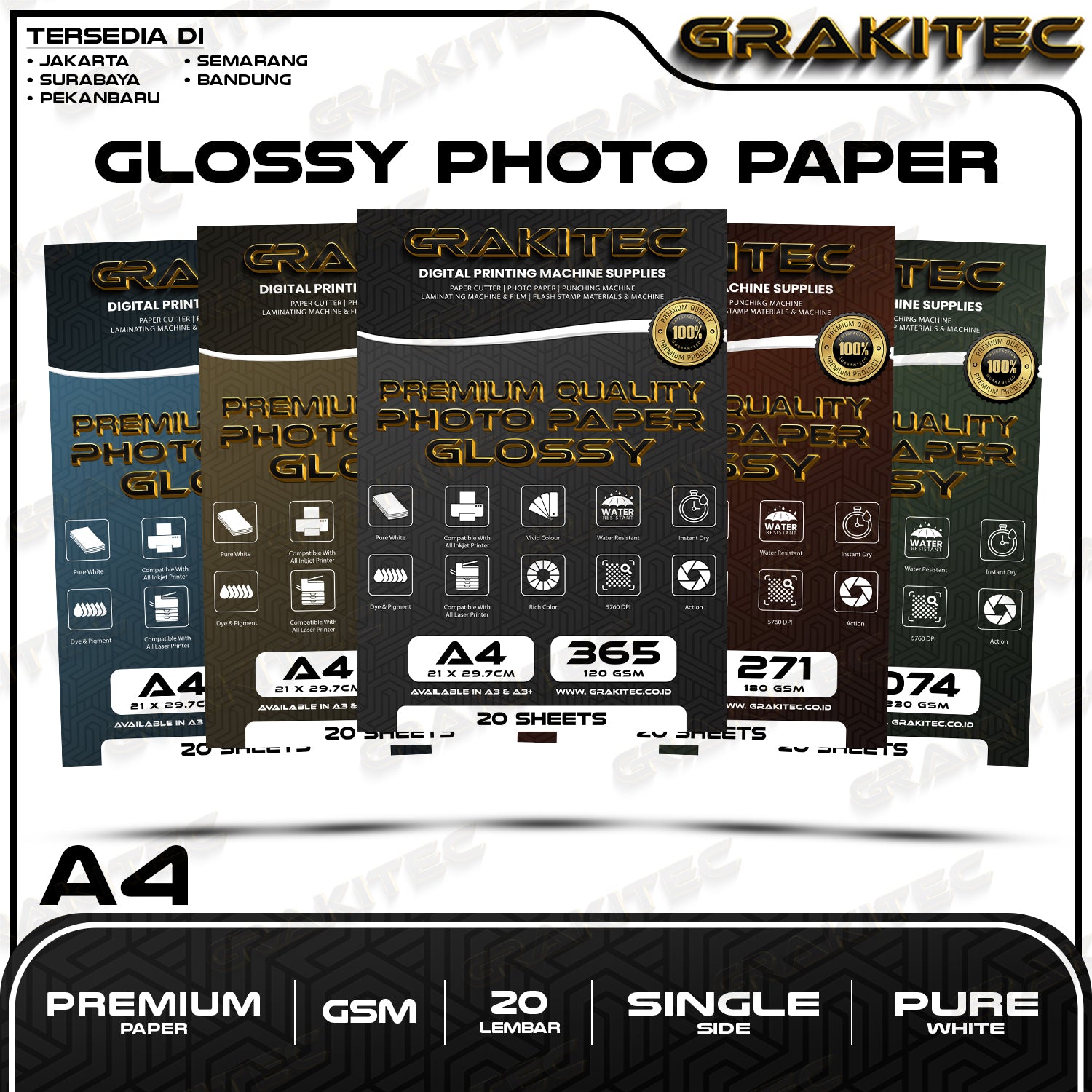 Kertas Foto Glossy A4 - GRAKITEC Premium Photo Glossy Paper A4 260, 230, 200, 180, 120 GSM
