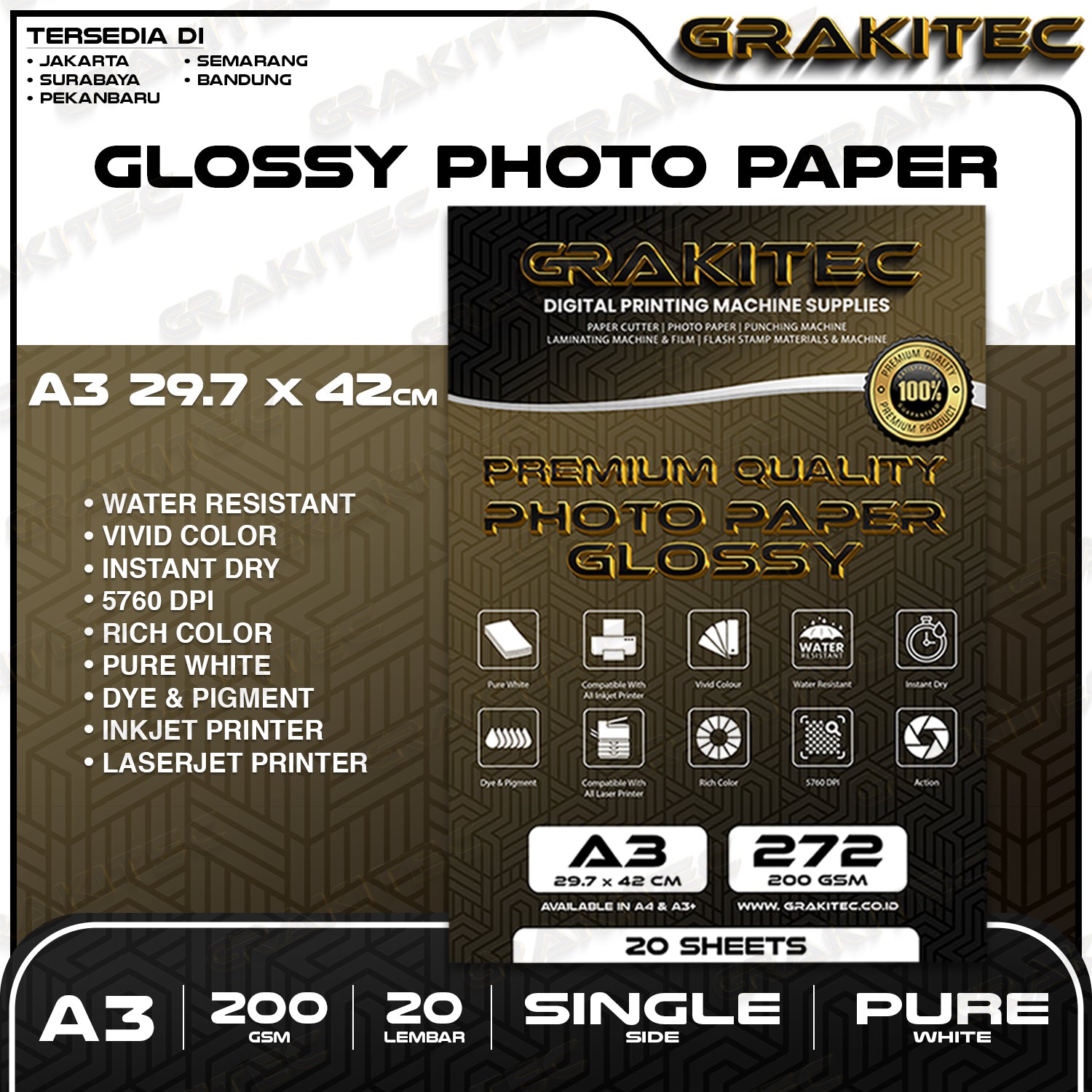 Kertas Foto Glossy A3 / A3+ - Grakitec Premium Photo Glossy Paper 260, 230, 200