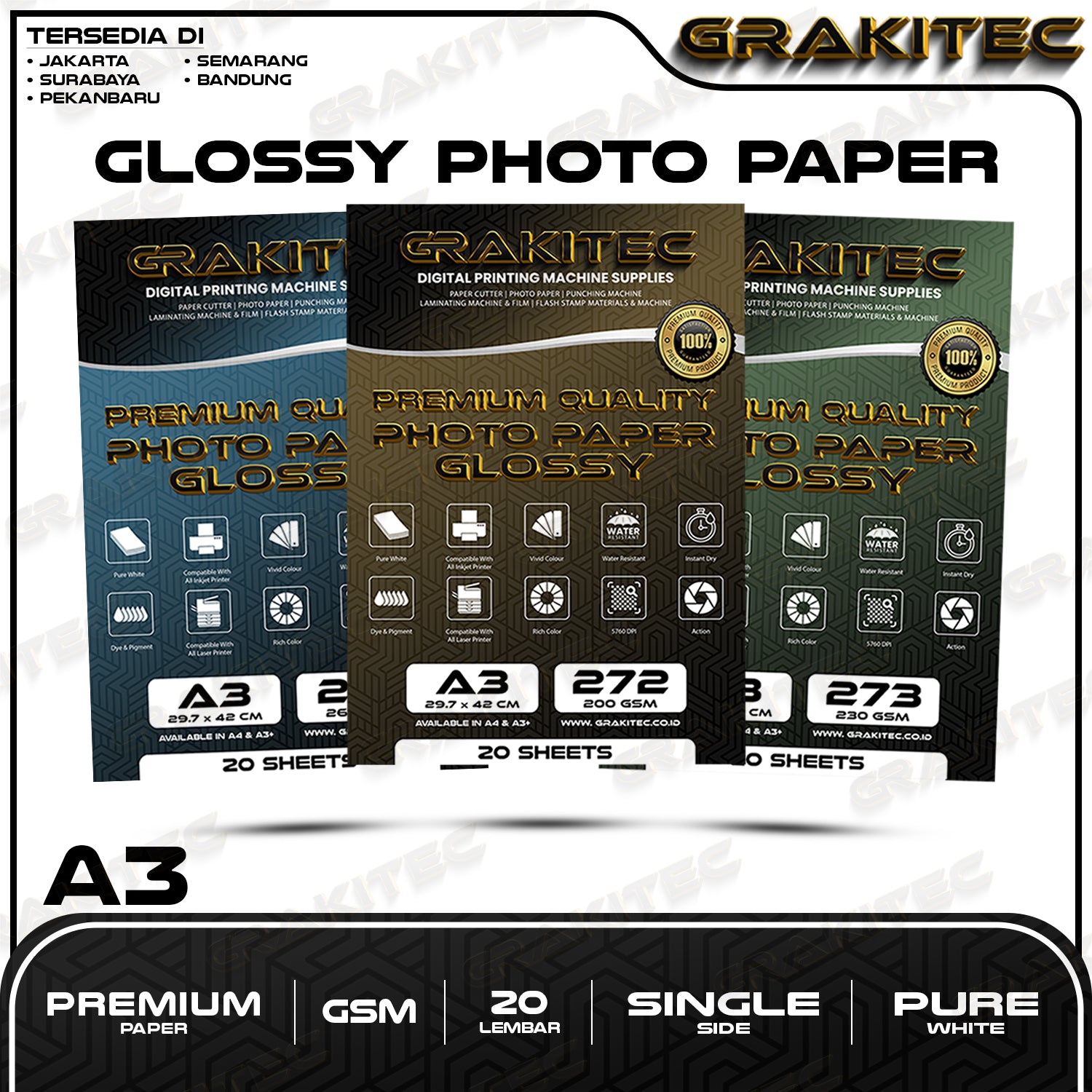 Kertas Foto Glossy A3 / A3+ - Grakitec Premium Photo Glossy Paper 260, 230, 200