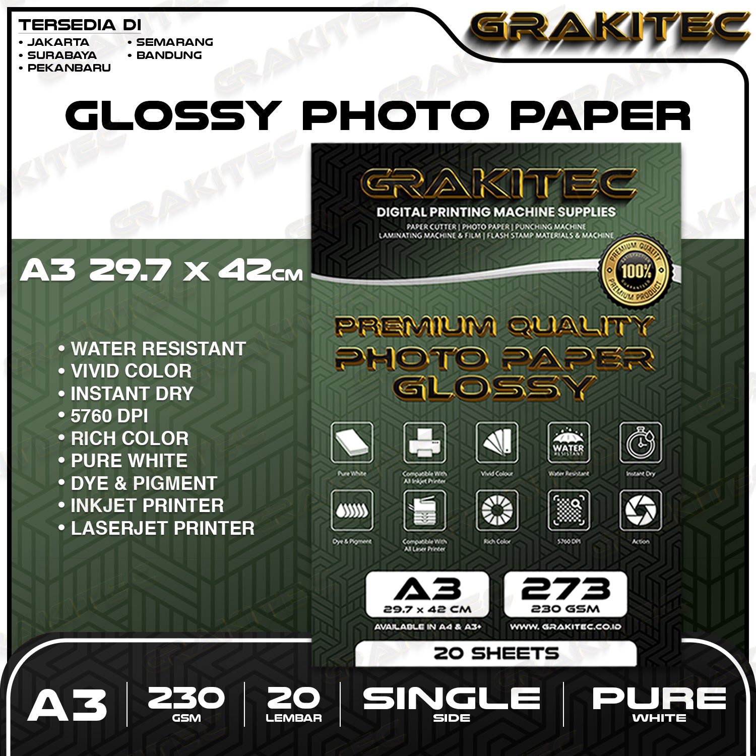 Kertas Foto Glossy A3 / A3+ - Grakitec Premium Photo Glossy Paper 260, 230, 200