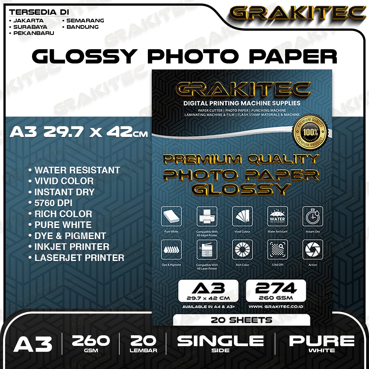 Kertas Foto Glossy A3 / A3+ - Grakitec Premium Photo Glossy Paper 260, 230, 200