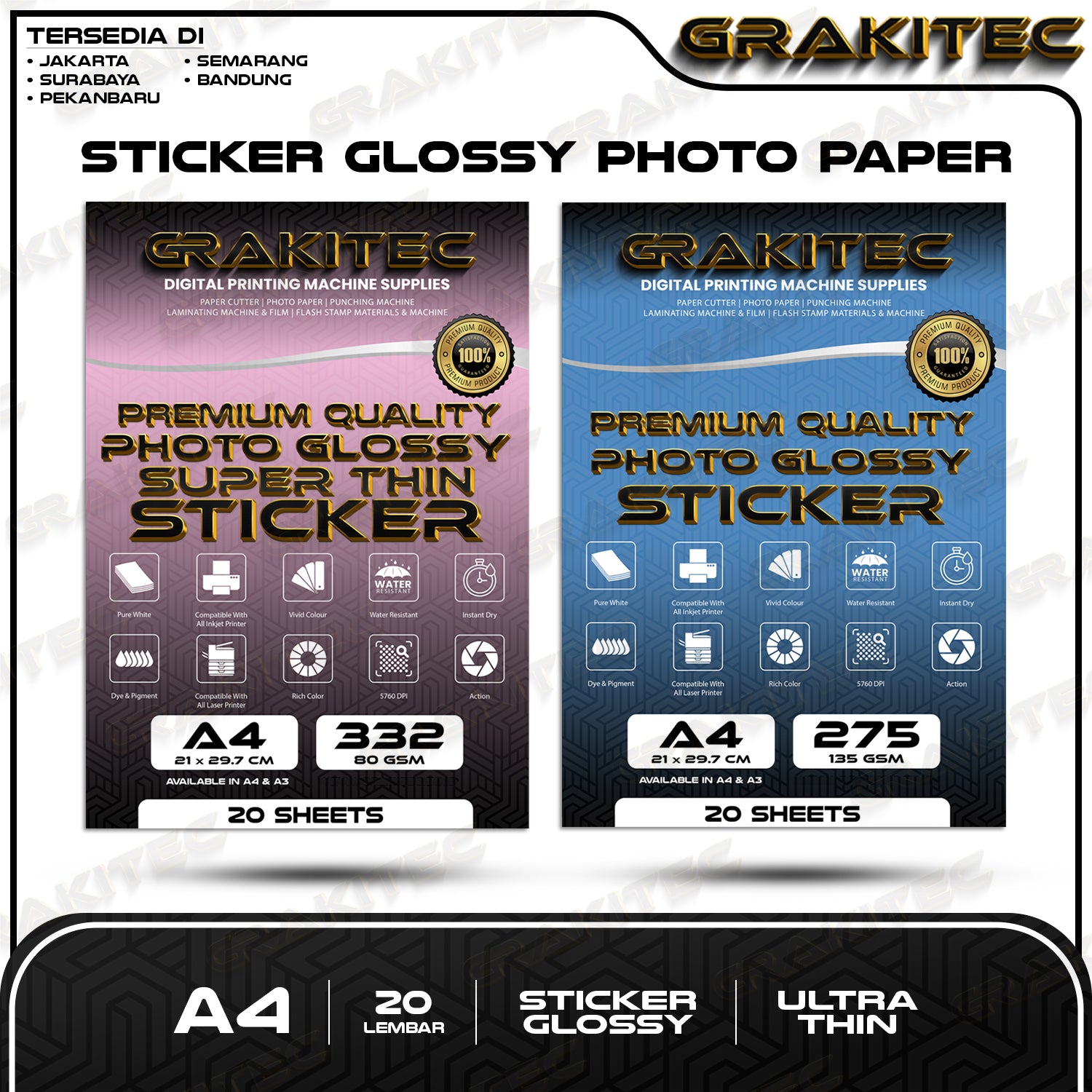 Kertas Stiker Foto Glossy A4/F4/A3 | 80&135 GSM 20/50 Lembar - Glossy Photo Sticker Paper ( Support Printer Epson/Canon/HP/Brother Ori Dye )