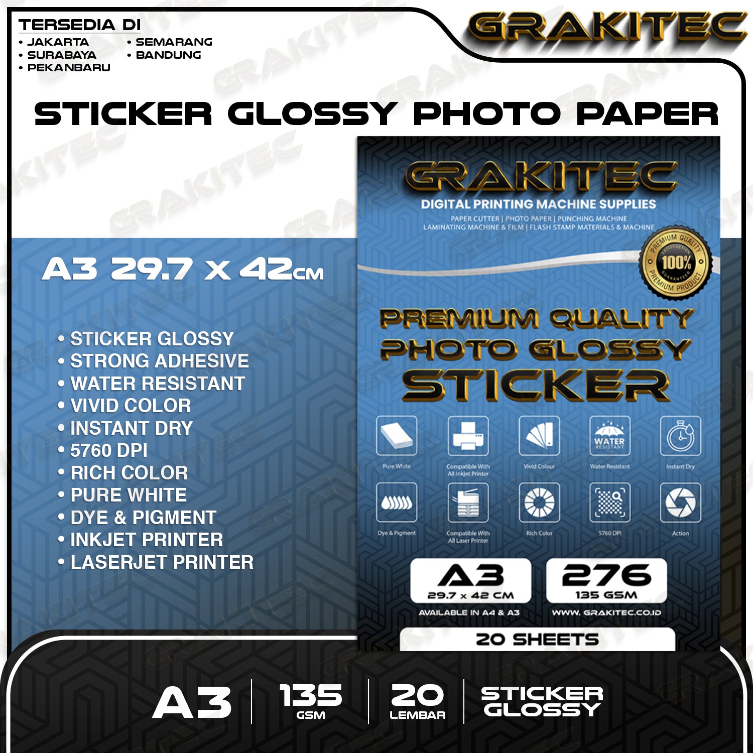 Kertas Stiker Foto Glossy A4/F4/A3 | 80&135 GSM 20/50 Lembar - Glossy Photo Sticker Paper ( Support Printer Epson/Canon/HP/Brother Ori Dye )