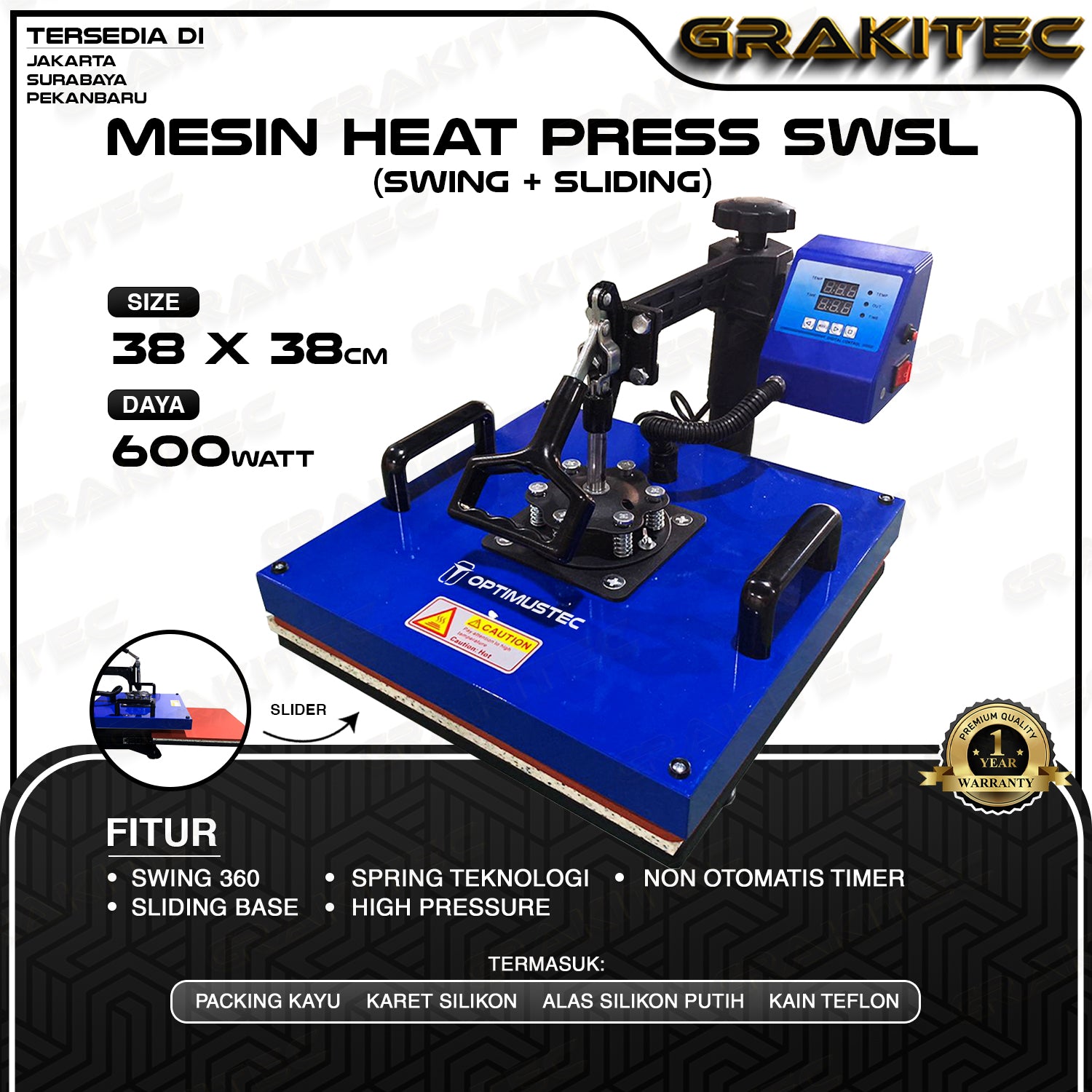 Mesin Press Sablon Kaos Swing 38x38 Combo All in One 3in1, 5in1 Mesin Sablon Multifungsi  Sliding - Kaos, Mug, Topi, dan Piring