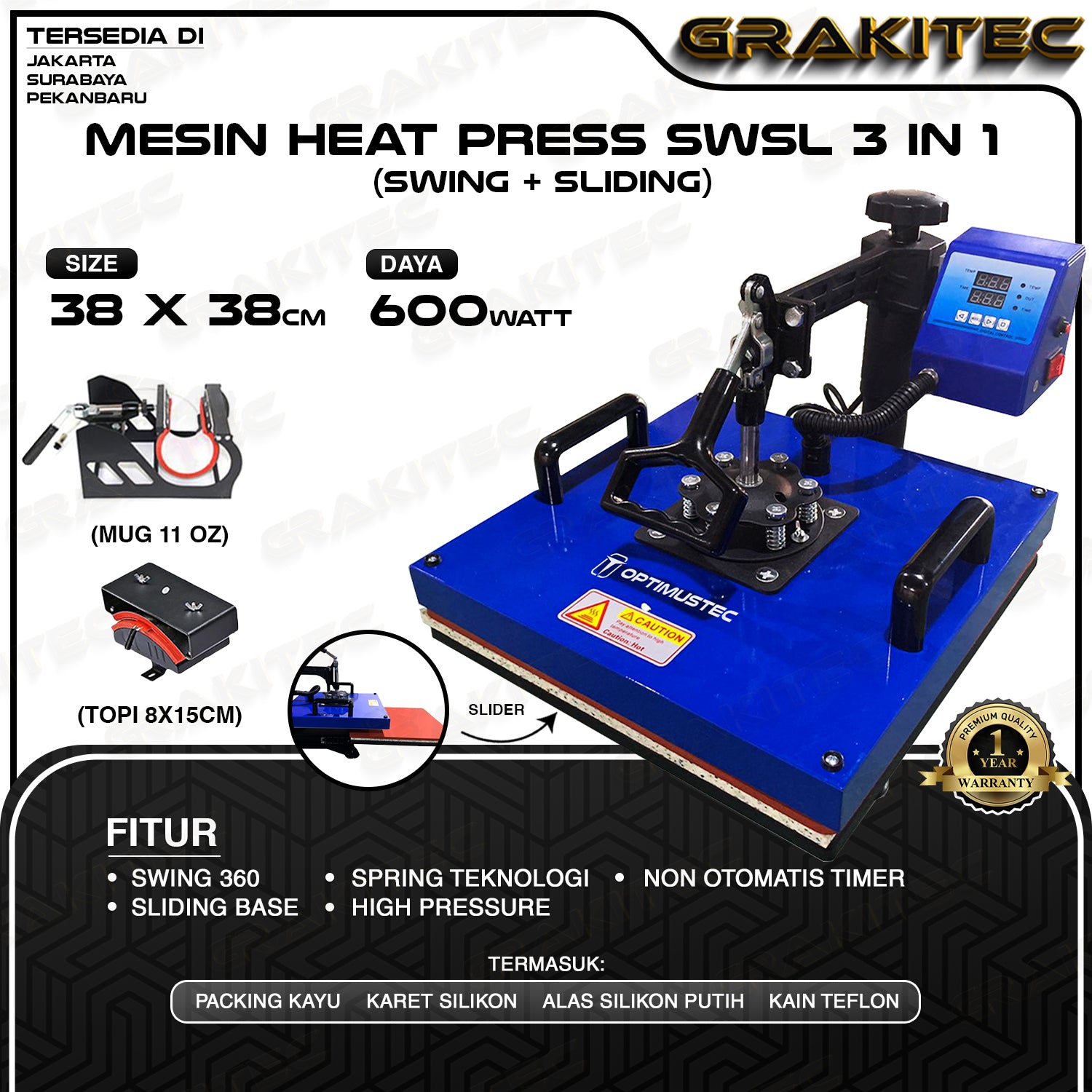 Mesin Press Sablon Kaos Swing 38x38 Combo All in One 3in1, 5in1 Mesin Sablon Multifungsi  Sliding - Kaos, Mug, Topi, dan Piring