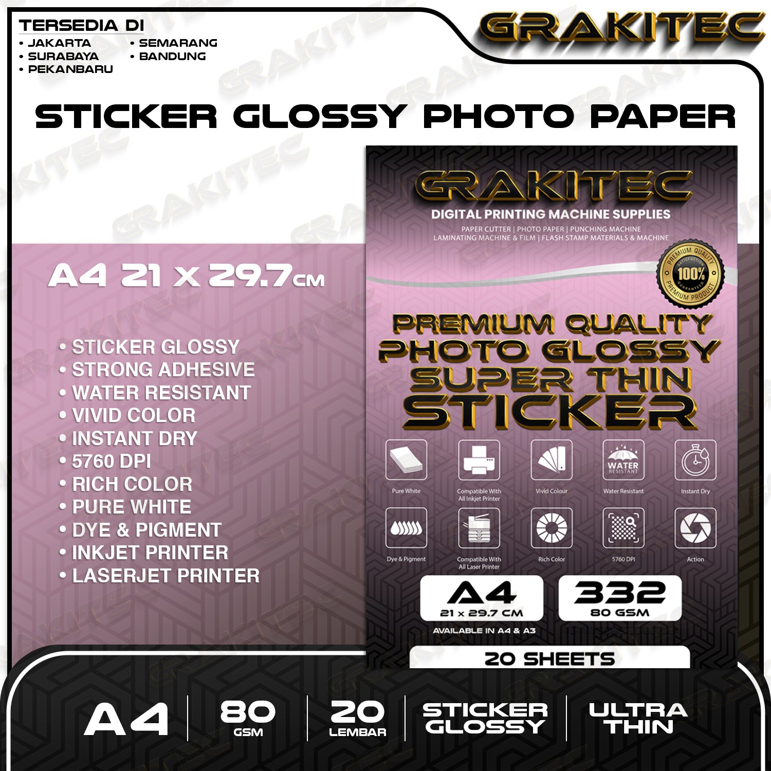 Kertas Stiker Foto Glossy A4/F4/A3 | 80&135 GSM 20/50 Lembar - Glossy Photo Sticker Paper ( Support Printer Epson/Canon/HP/Brother Ori Dye )