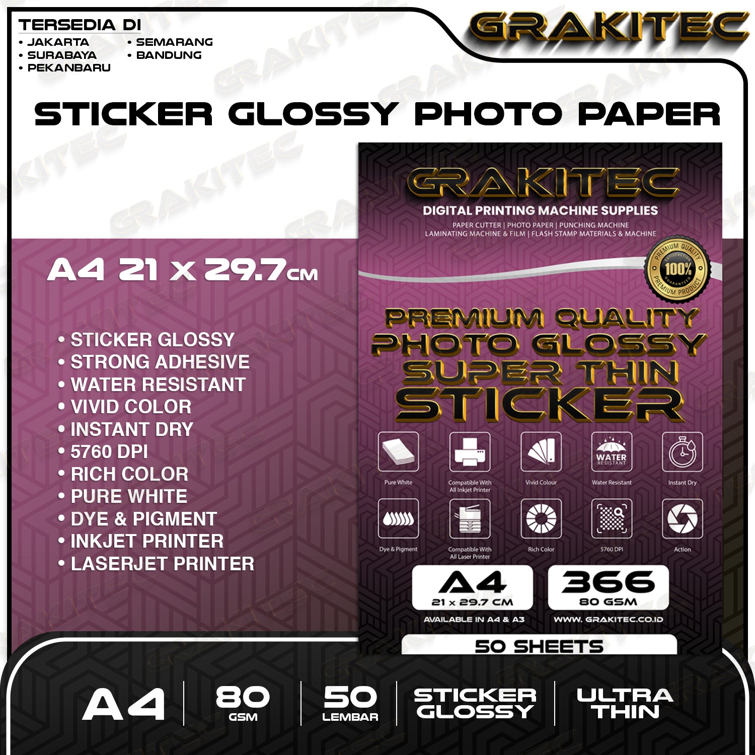 Kertas Stiker Foto Glossy A4/F4/A3 | 80&135 GSM 20/50 Lembar - Glossy Photo Sticker Paper ( Support Printer Epson/Canon/HP/Brother Ori Dye )