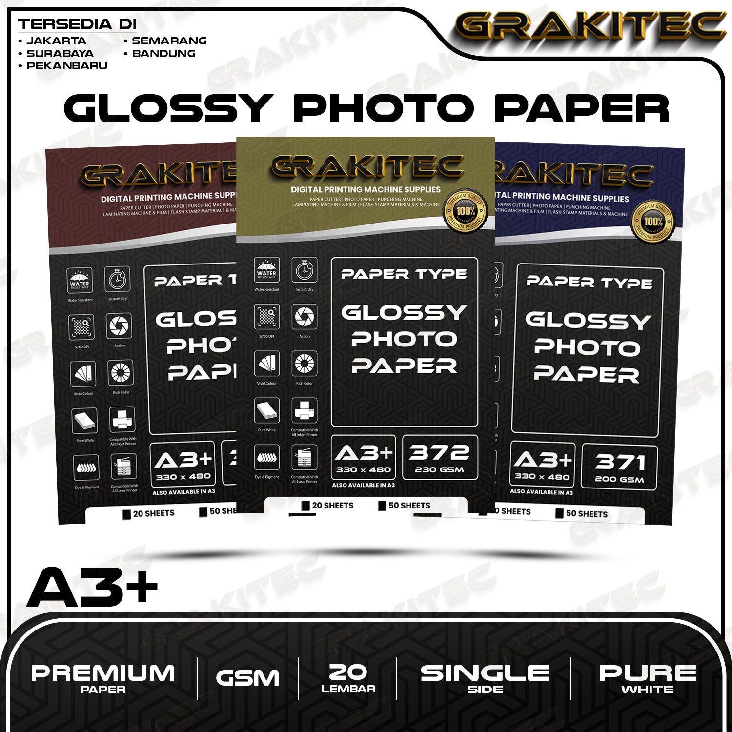Kertas Foto Glossy A3 / A3+ - Grakitec Premium Photo Glossy Paper 260, 230, 200