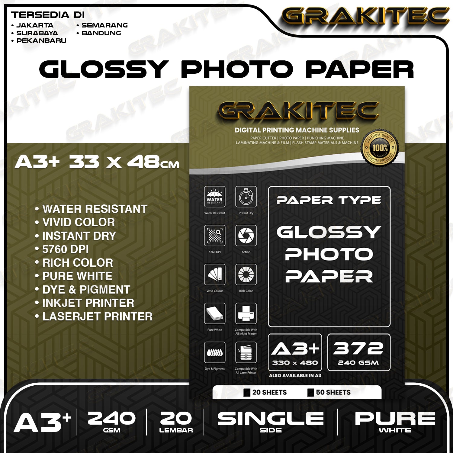 Kertas Foto Glossy A3 / A3+ - Grakitec Premium Photo Glossy Paper 260, 230, 200