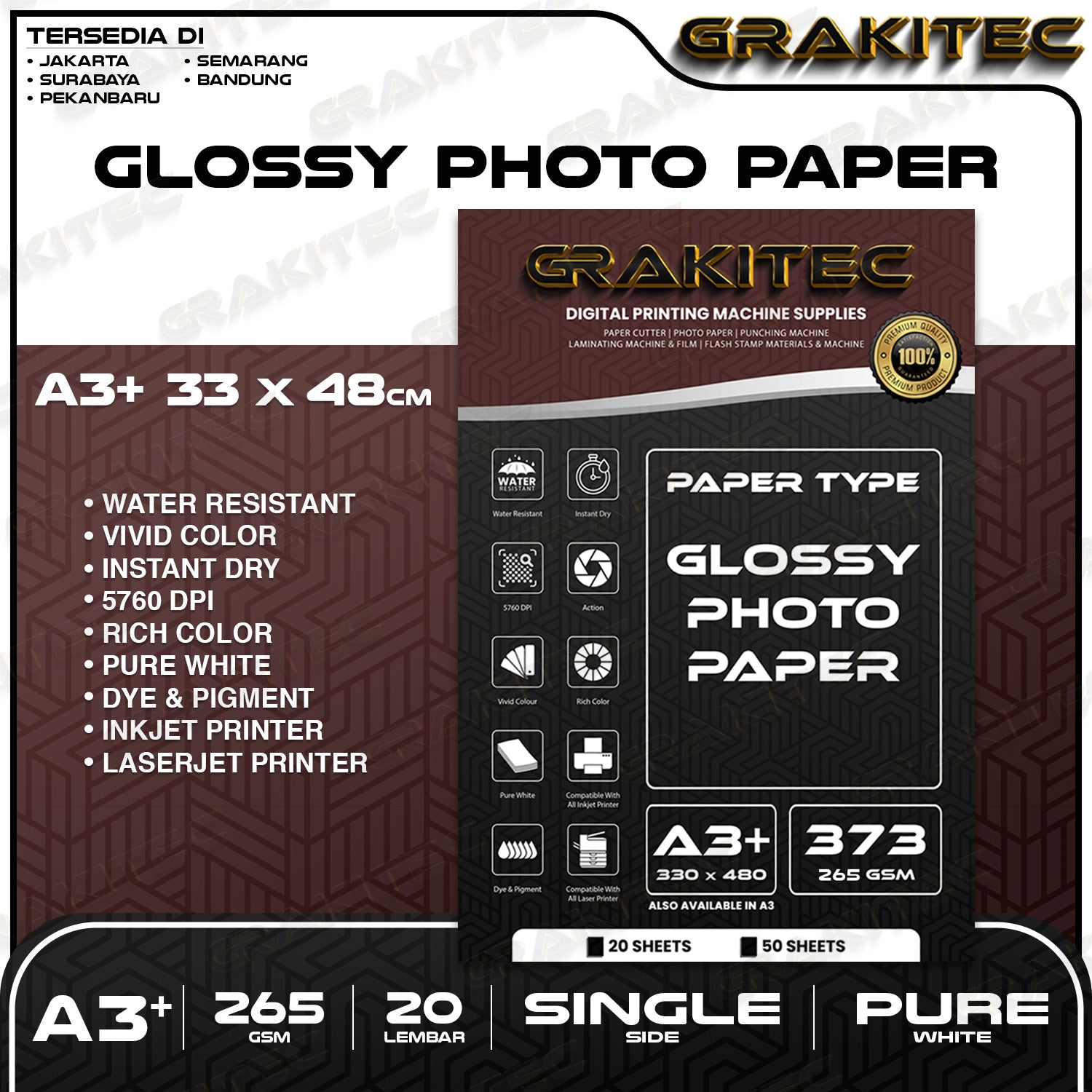 Kertas Foto Glossy A3 / A3+ - Grakitec Premium Photo Glossy Paper 260, 230, 200