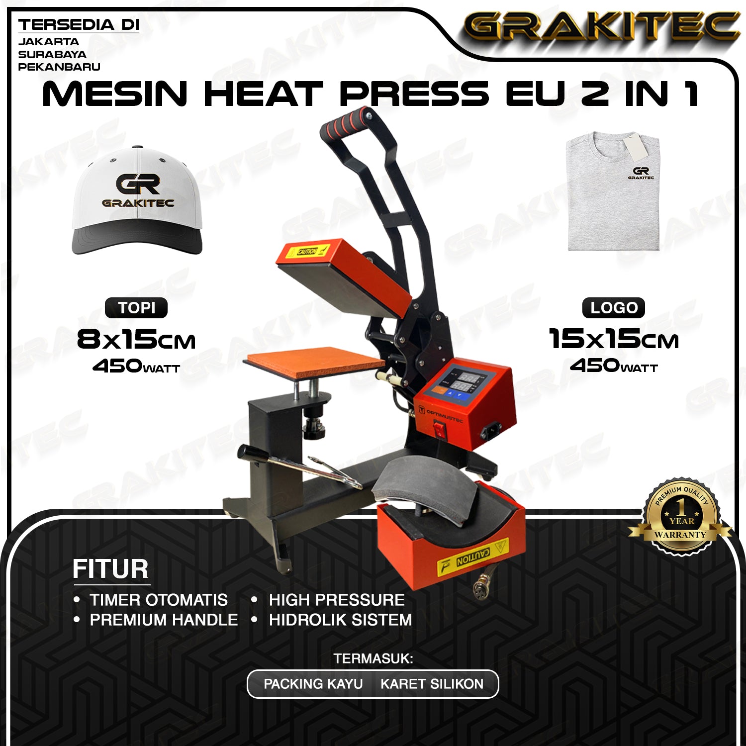 Mesin Press Sablon Mini EU Logo Label 15x15 cm & Press Sablon Topi Premium -  2in1 CAP & LOGO HEAT PRESS untuk press kaos, Logo, Kerah Topi