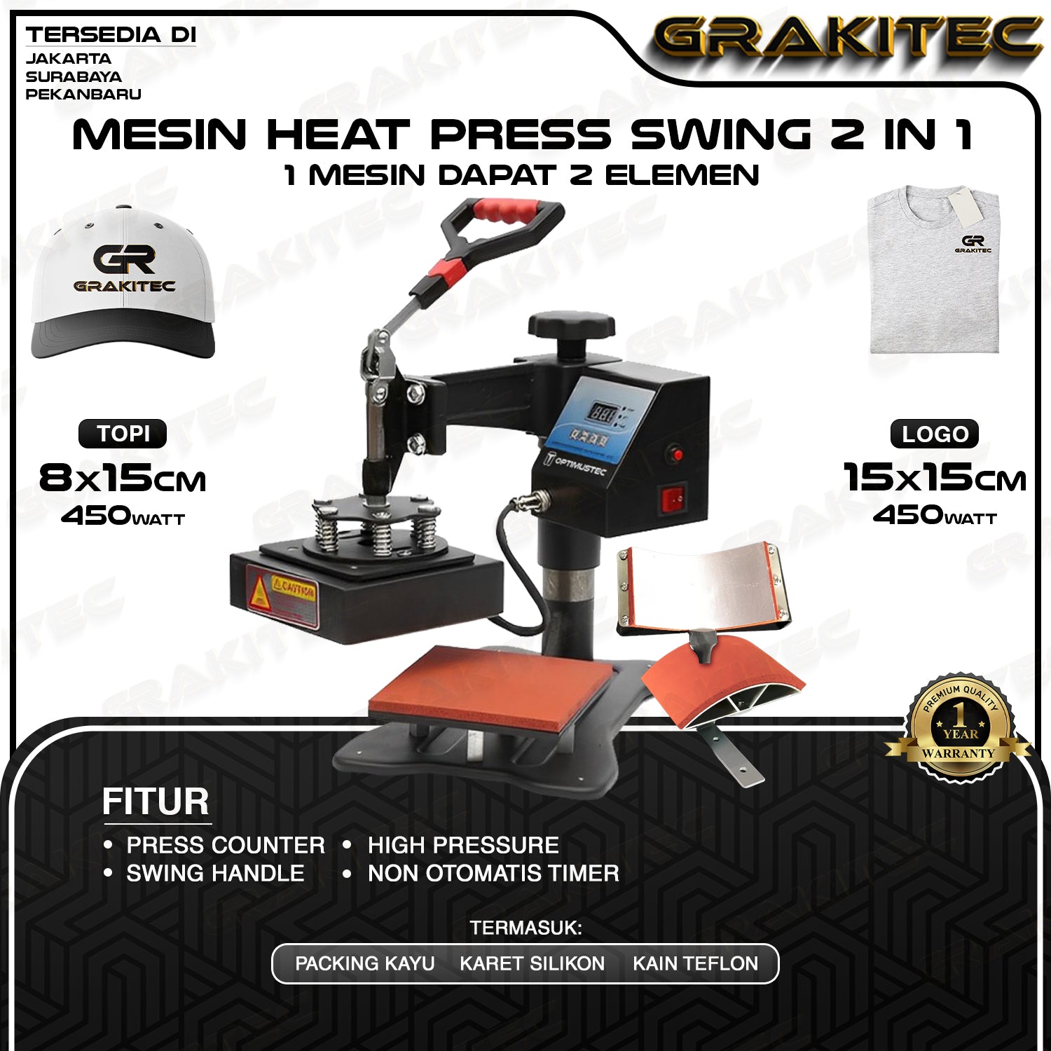 Mesin Press Sablon SWING Topi & Logo / 2in1  Mesin Sablon untuk Topi kaos, Logo, Label, Kerah Leher, Inside Tag, lengan, Saku