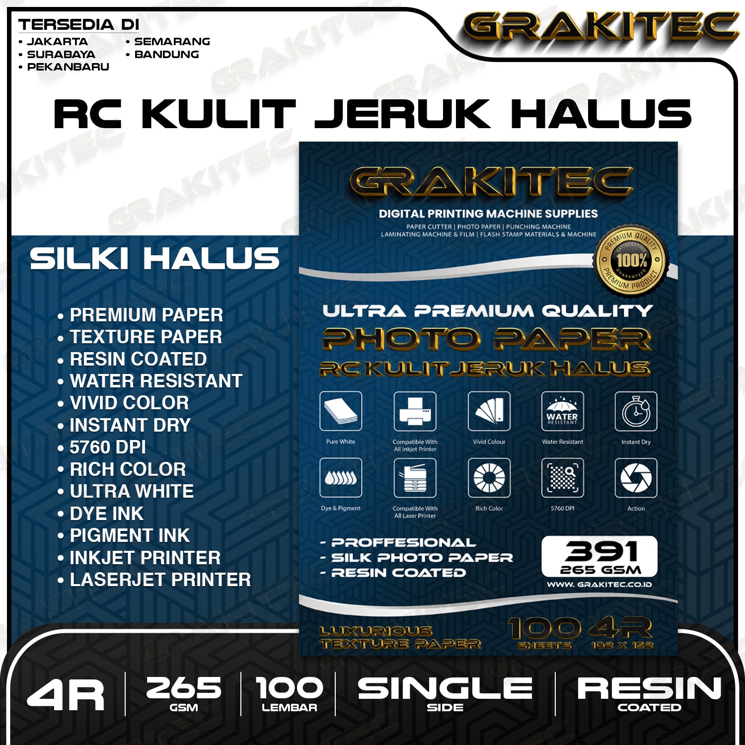 Kertas Foto SilkI 4R isi 100 Lembar Doff Kulit Jeruk Professional Silki Texture , RC Glossy Photo Paper, Doff Halus, Canvas, Doff Kasar / Luster Resin Coated Grakitec