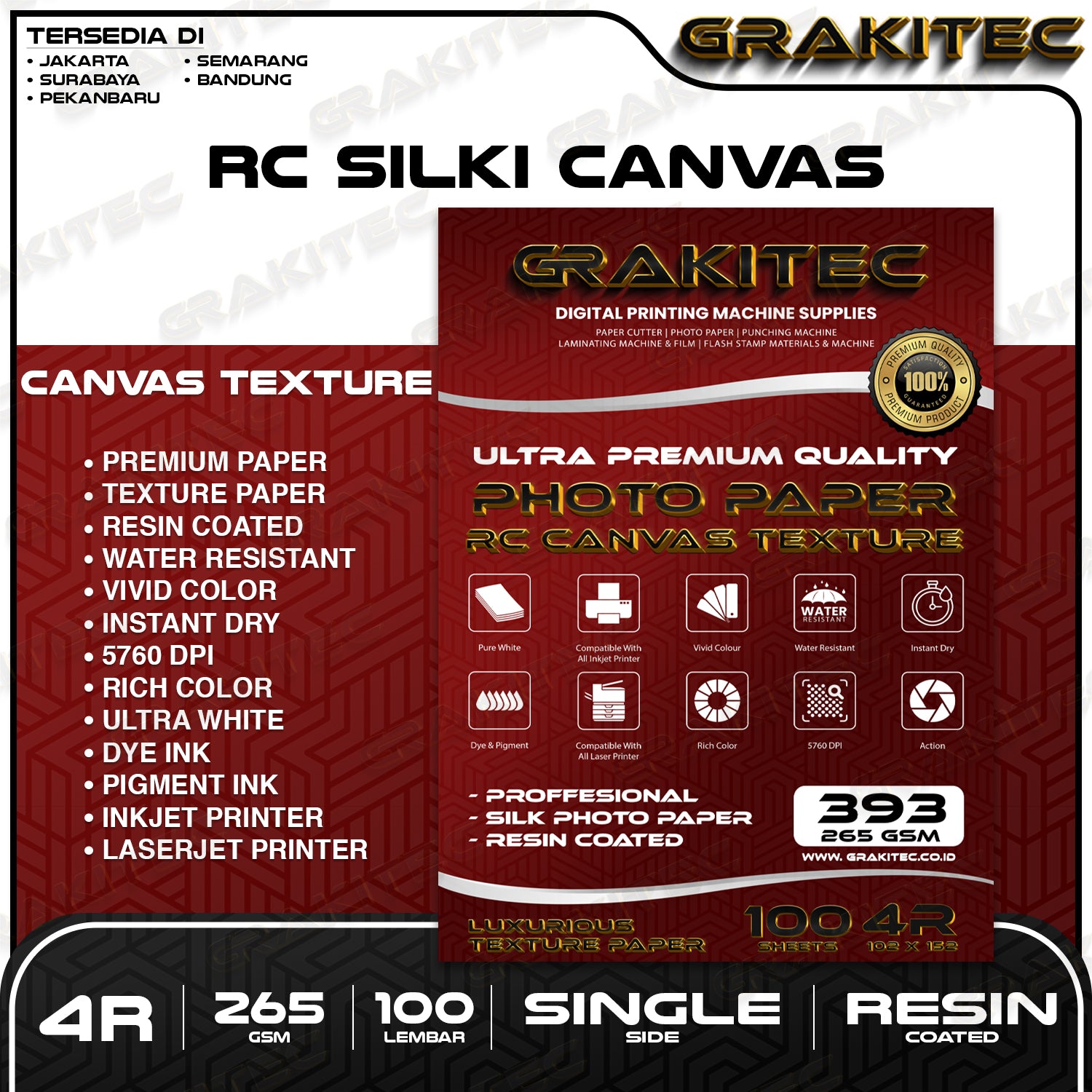 Kertas Foto SilkI 4R isi 100 Lembar Doff Kulit Jeruk Professional Silki Texture , RC Glossy Photo Paper, Doff Halus, Canvas, Doff Kasar / Luster Resin Coated Grakitec