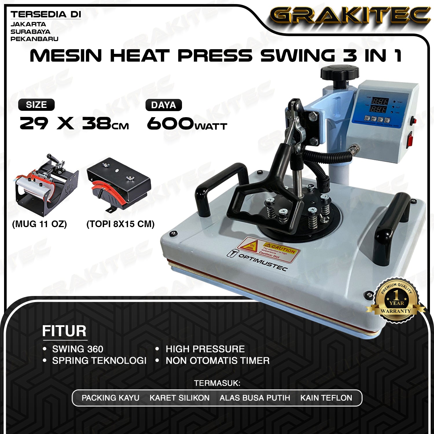 Mesin Press Sablon Kaos Swing 29x38 600 Watt Multifungsi  Combo All in One 3in1, 5in1, 9in1 Sliding - Kaos, Mug, Topi, dan Piring