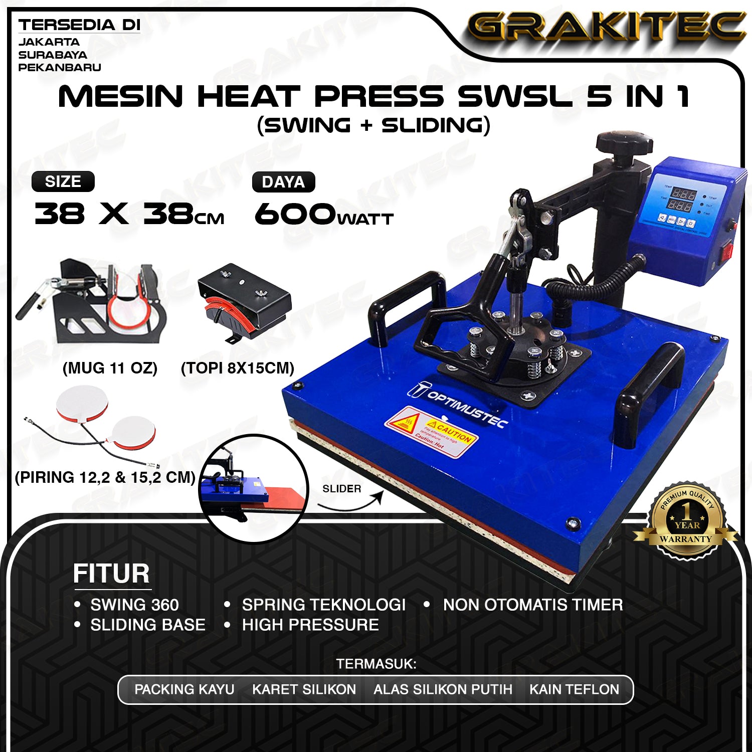 Mesin Press Sablon Kaos Swing 38x38 Combo All in One 3in1, 5in1 Mesin Sablon Multifungsi  Sliding - Kaos, Mug, Topi, dan Piring