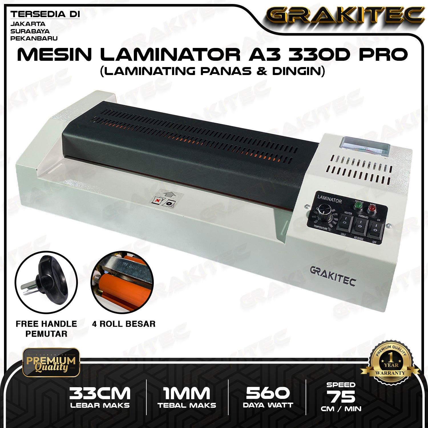 Mesin Laminating A3 330mm Laminator GRAKITEC 330D + Handle