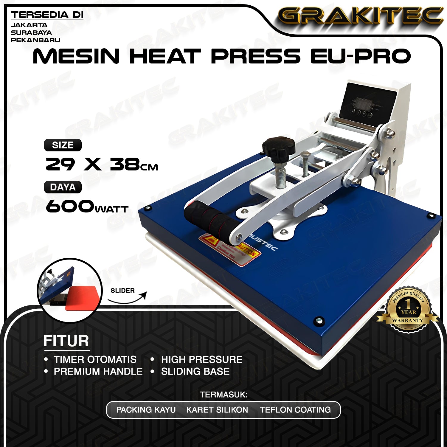 Mesin Press Sablon Kaos 29x38 600 Watt Sliding EU PRO Heat Press Super High Pressure Long Handle Bag, Puzzle, Plat Aluminium