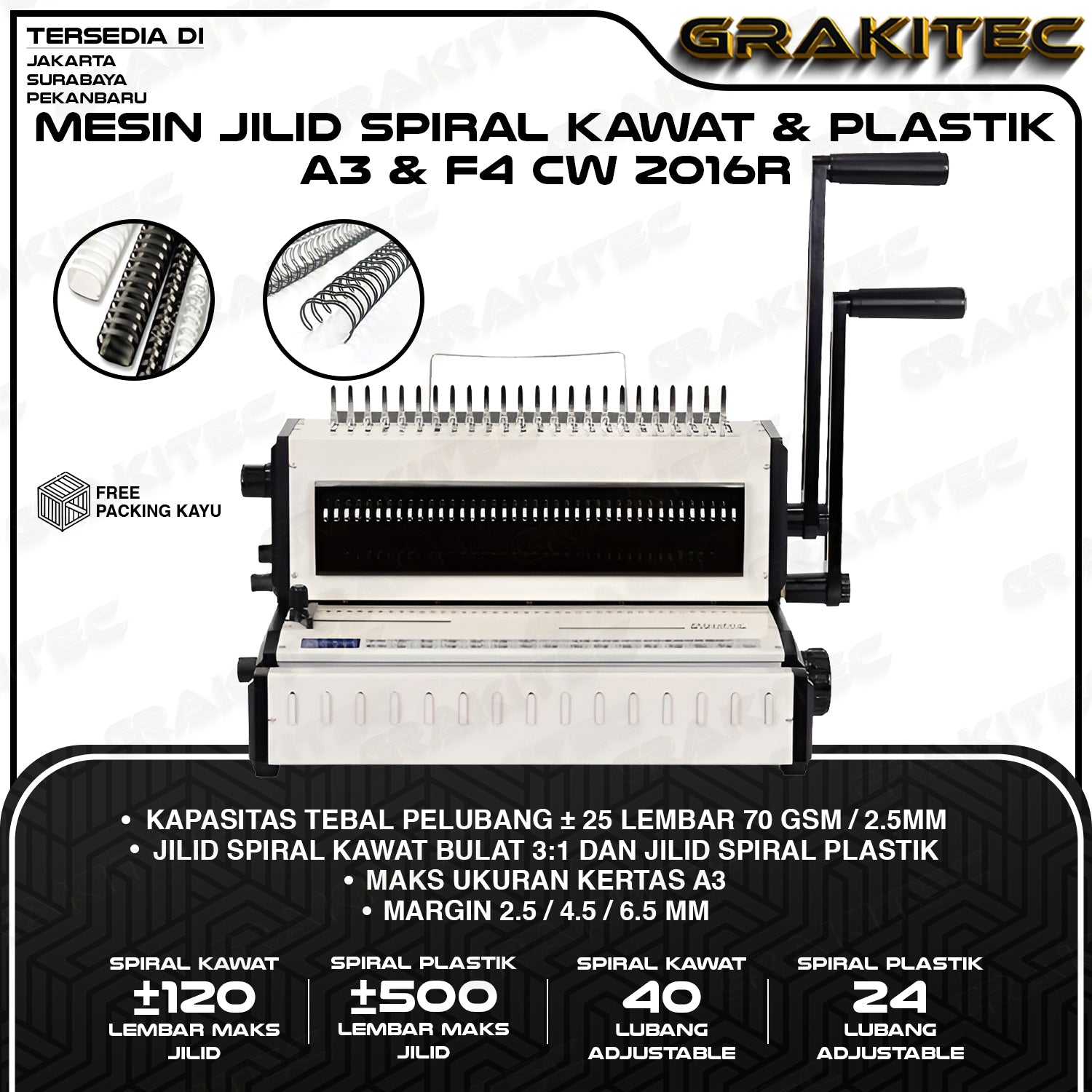 Mesin Jilid Spiral CW2016R Kombinasi Kawat 3:1 Bulat  & Jilid SPiral Plastik Premium GRAKITEC Bisa Untuk Kalender Buku Dan Lain nya