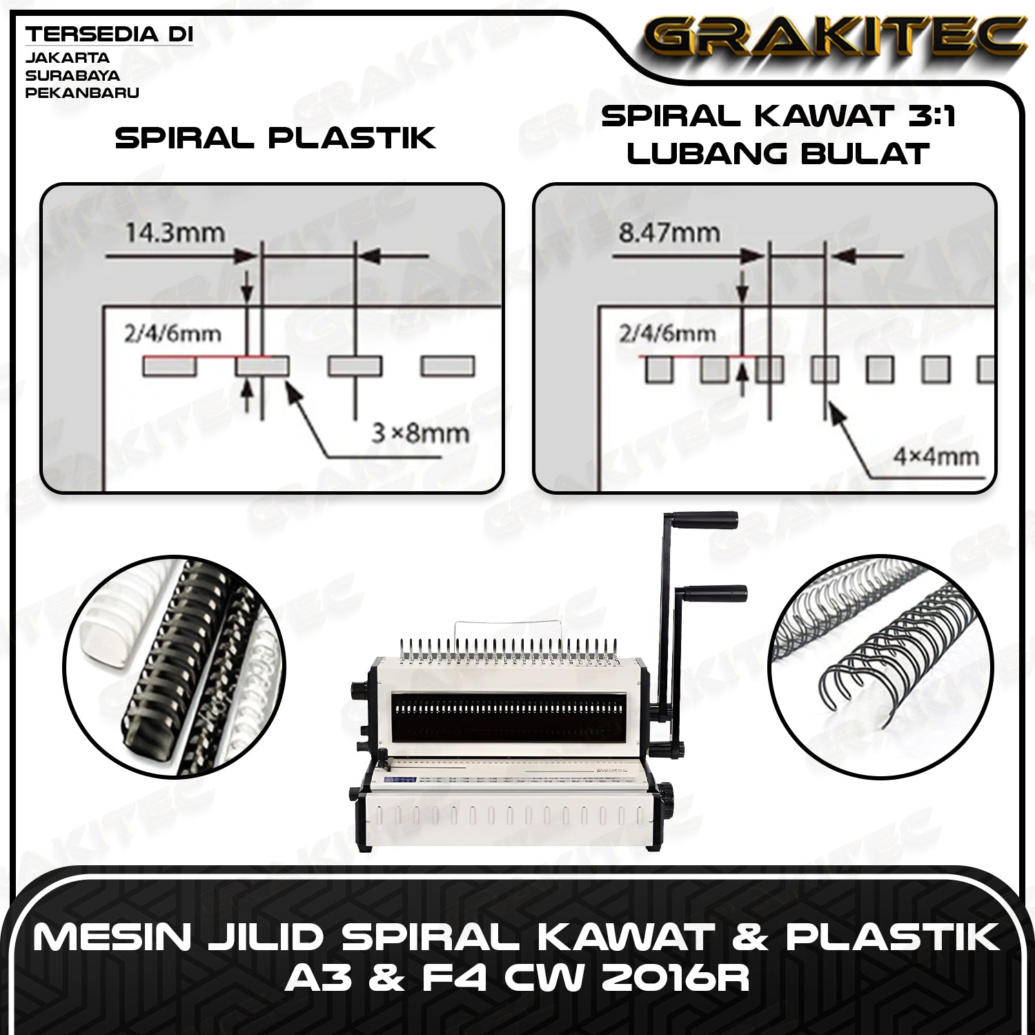 Mesin Jilid Spiral CW2016R Kombinasi Kawat 3:1 Bulat  & Jilid SPiral Plastik Premium GRAKITEC Bisa Untuk Kalender Buku Dan Lain nya