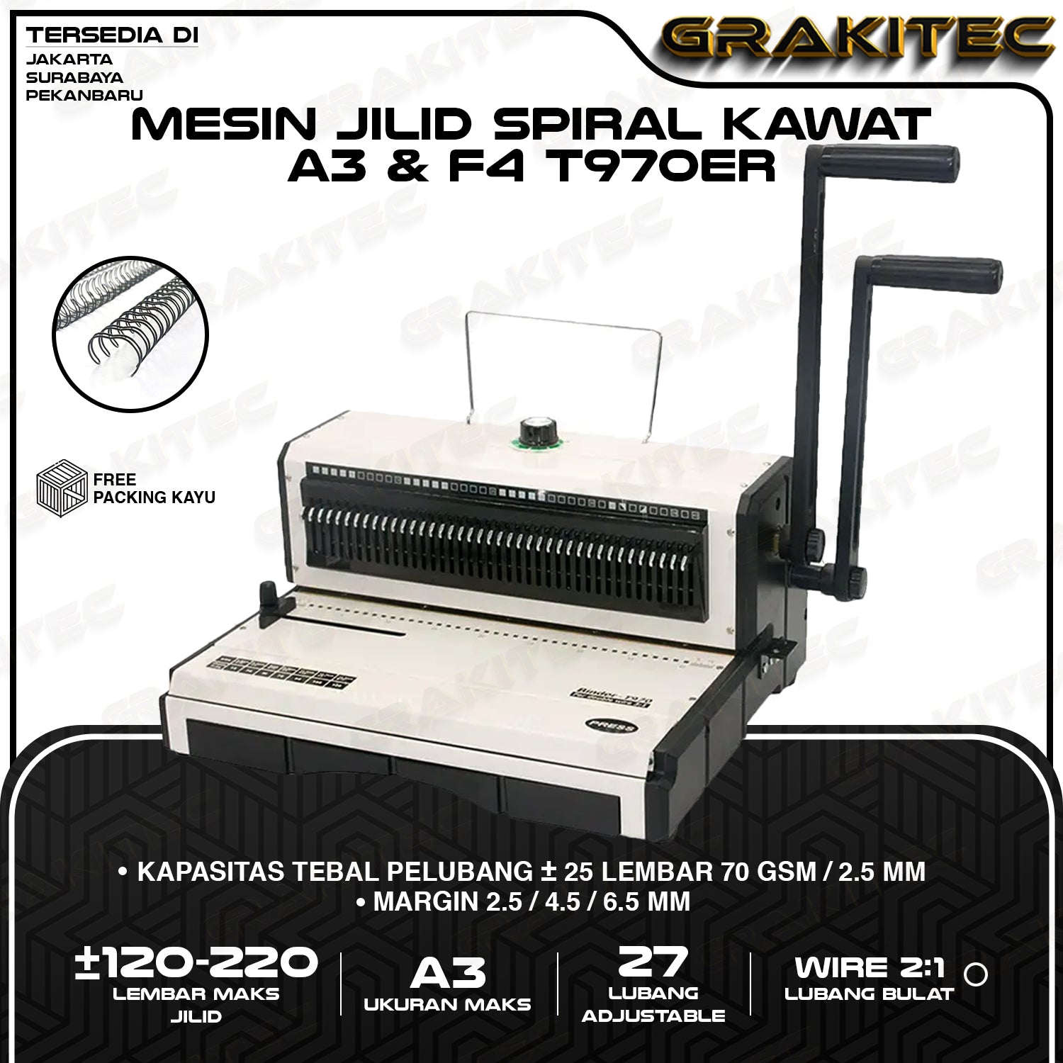 Mesin Jilid Spiral Kawat T970ER 2:1 F4 & A3 Lubang Bulat Premium GRAKITEC Bisa Untuk Kalender Buku Dan Lain nya Not Origin Gemet Kenko Joyko