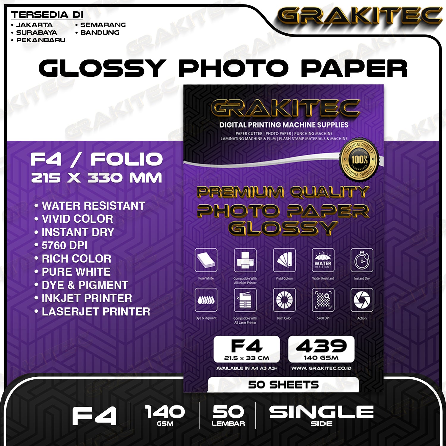 Kertas Foto Folio F4 Premium Photo Paper Glossy Folio 140 Gsm / 240 Gsm Grakitec
