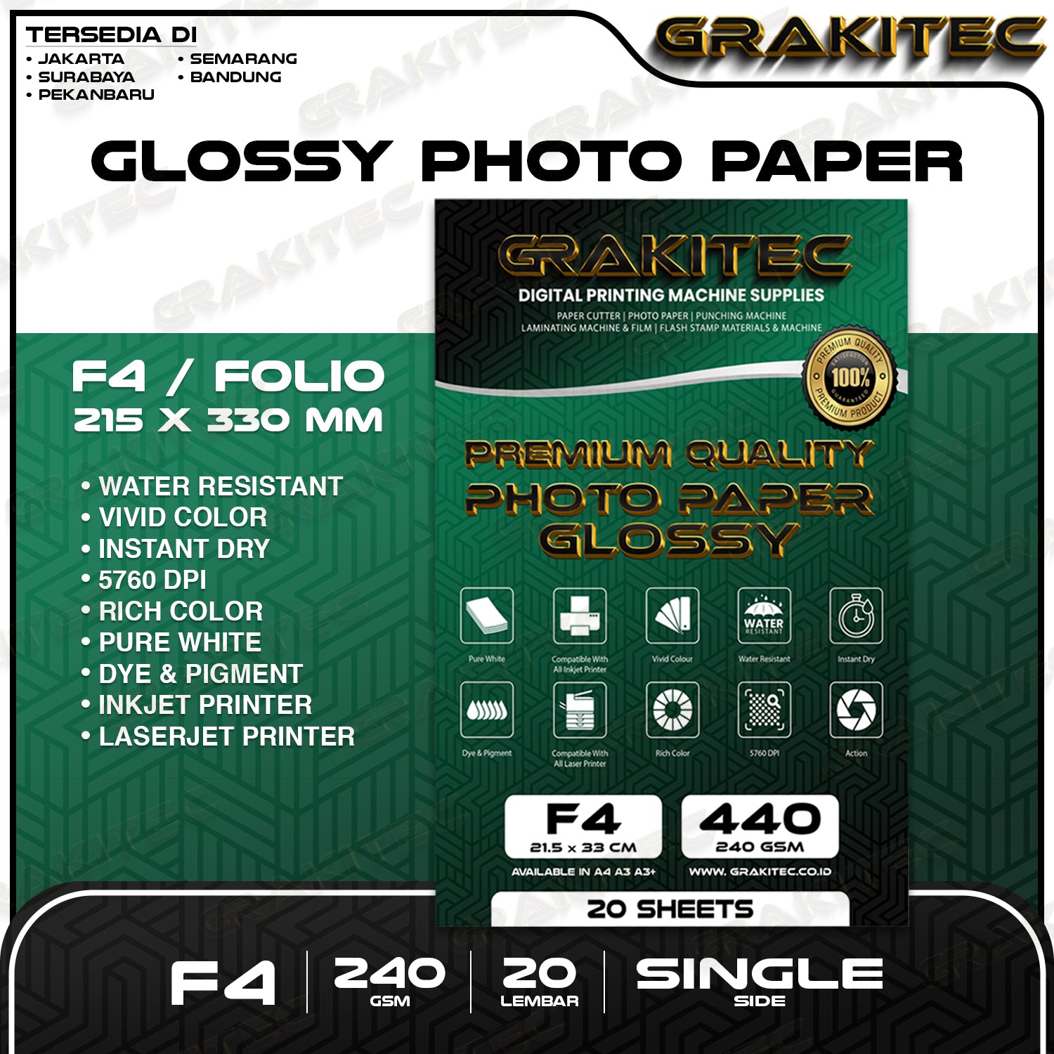 Kertas Foto Folio F4 Premium Photo Paper Glossy Folio 140 Gsm / 240 Gsm Grakitec