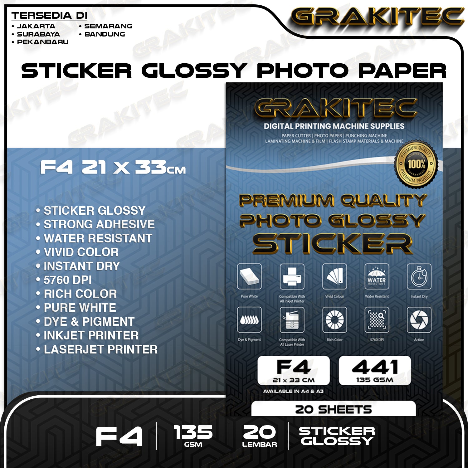 Kertas Stiker Foto Glossy A4/F4/A3 | 80&135 GSM 20/50 Lembar - Glossy Photo Sticker Paper ( Support Printer Epson/Canon/HP/Brother Ori Dye )