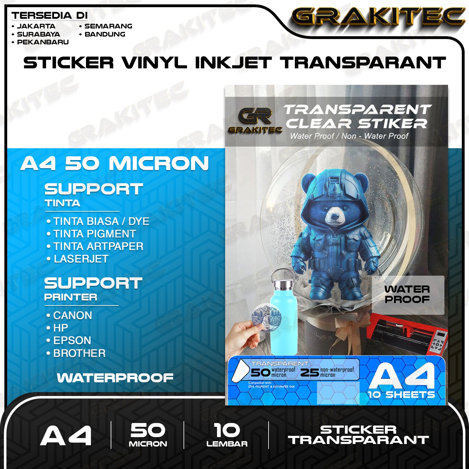Kertas Sticker Vinyl Transparan - Sticker Vinyl Transparant Waterproof / Non waterproof A4 isi 10 lembar Grakitec