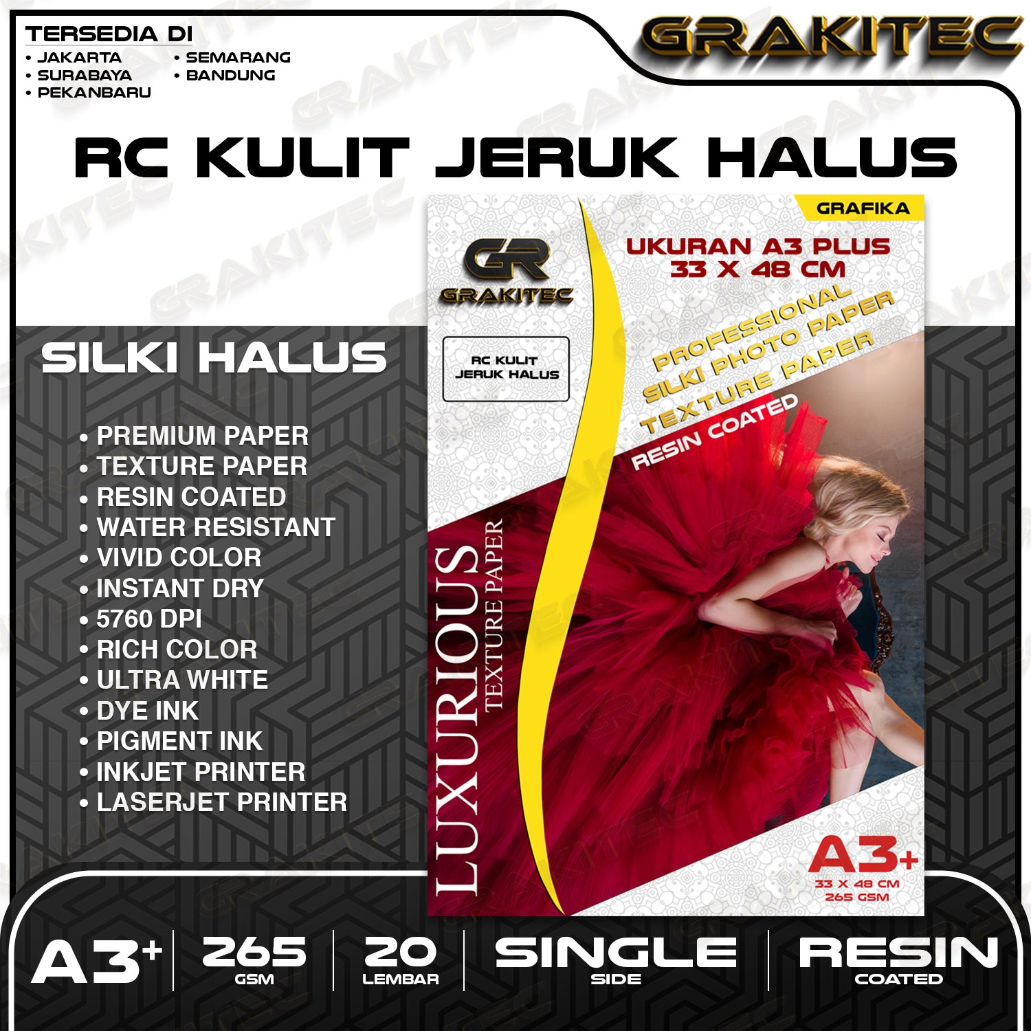 Kertas Foto Silki Texture F4 / A3 / A3+ Professional Silki Photo Paper 265 , Doff Motif Kulit Jeruk Halus & Kasar Luster Resin Coated GRAKITEC