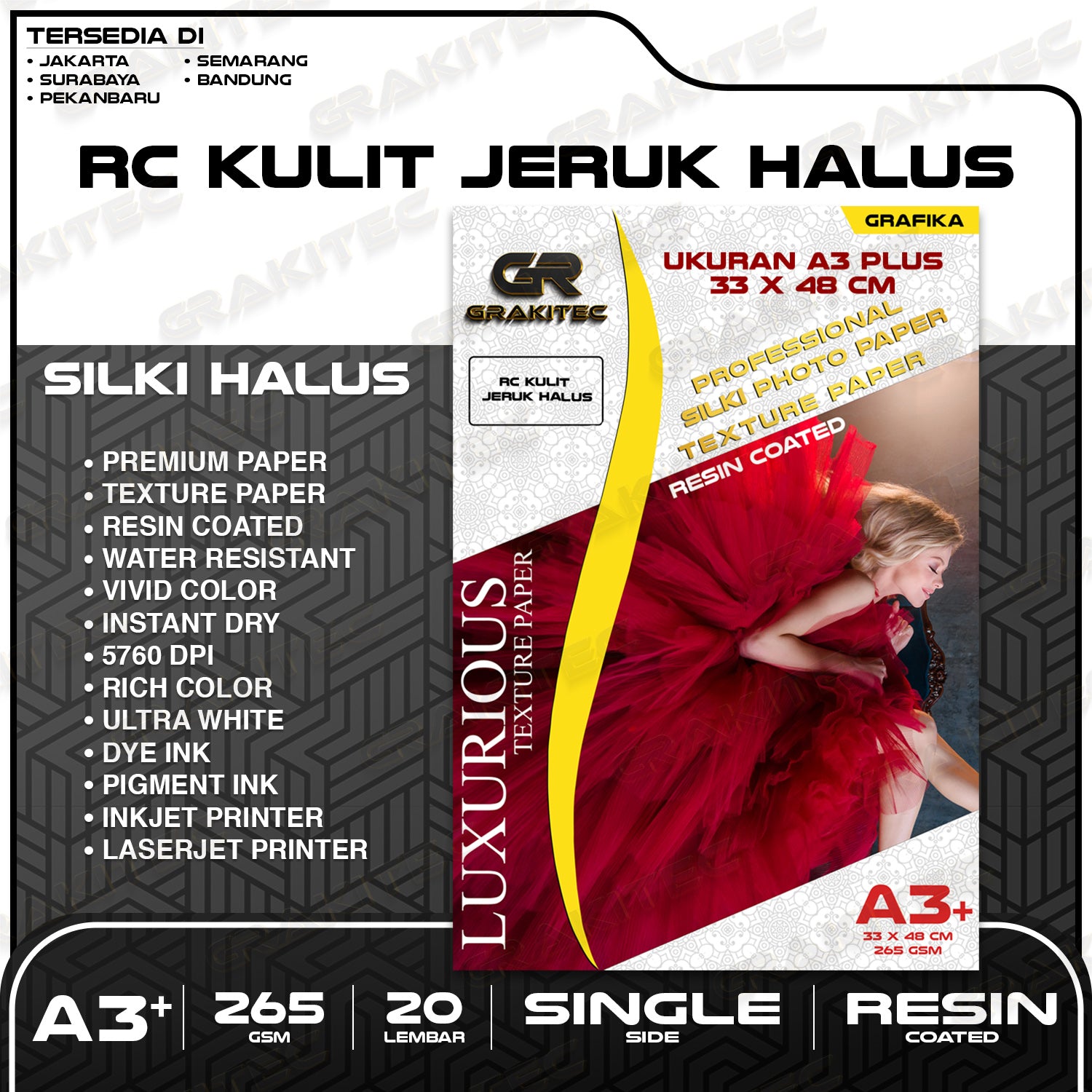 Kertas Foto Silki Texture F4 / A3 / A3+ Professional Silki Photo Paper 265 , Doff Motif Kulit Jeruk Halus & Kasar Luster Resin Coated GRAKITEC