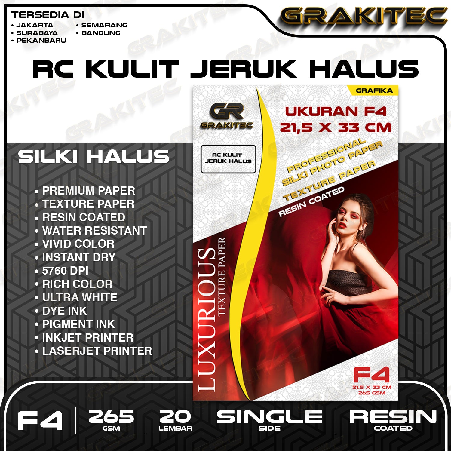 Kertas Foto Silki Texture F4 / A3 / A3+ Professional Silki Photo Paper 265 , Doff Motif Kulit Jeruk Halus & Kasar Luster Resin Coated GRAKITEC