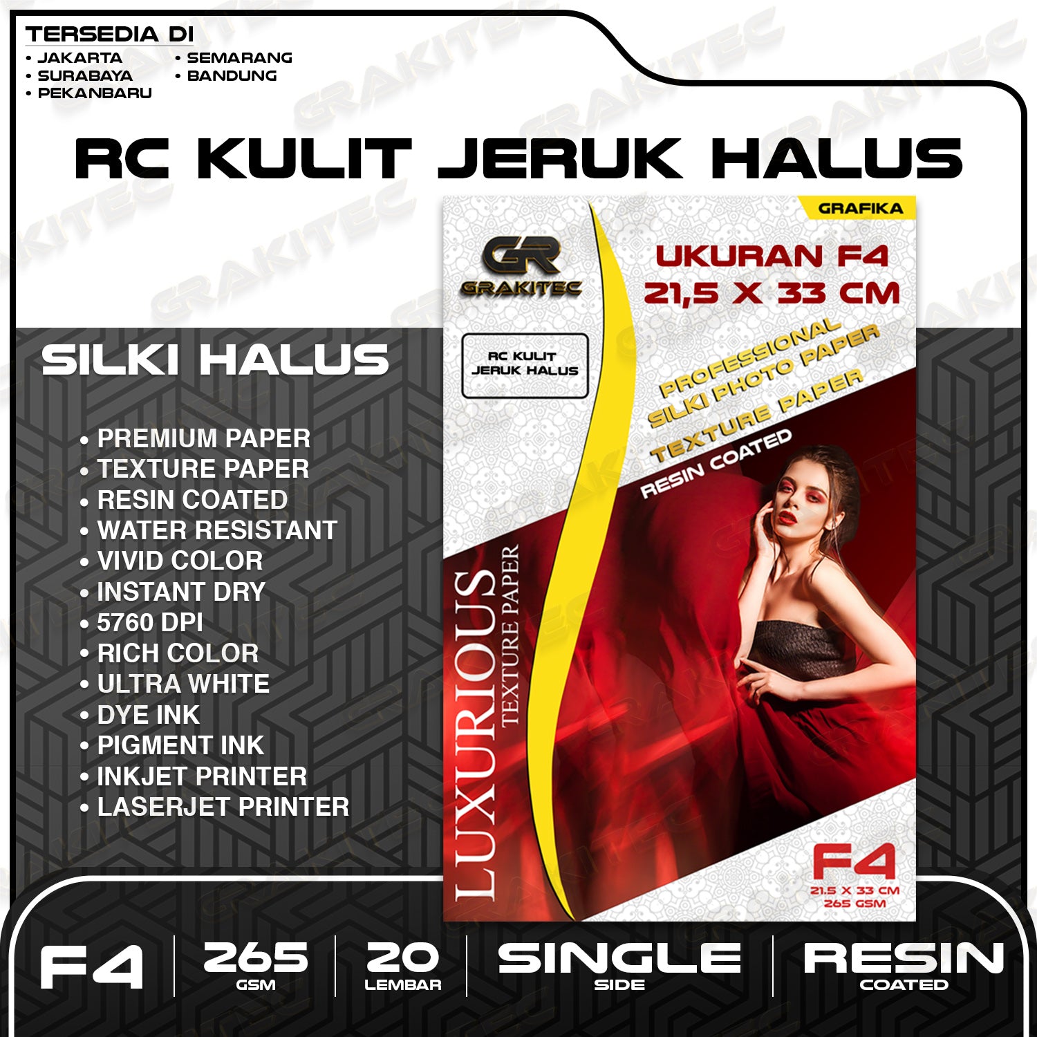 Kertas Foto Silki Texture F4 / A3 / A3+ Professional Silki Photo Paper 265 , Doff Motif Kulit Jeruk Halus & Kasar Luster Resin Coated GRAKITEC