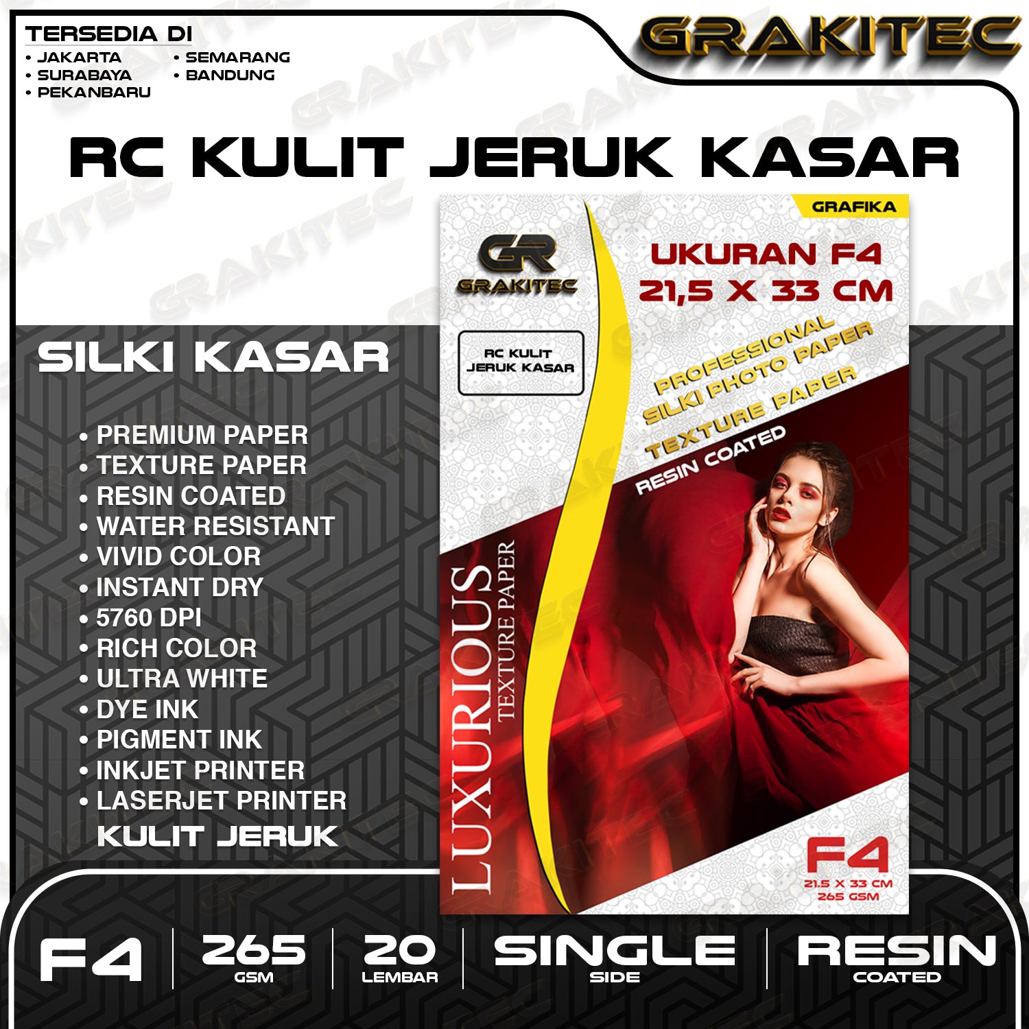 Kertas Foto Silki Texture F4 / A3 / A3+ Professional Silki Photo Paper 265 , Doff Motif Kulit Jeruk Halus & Kasar Luster Resin Coated GRAKITEC