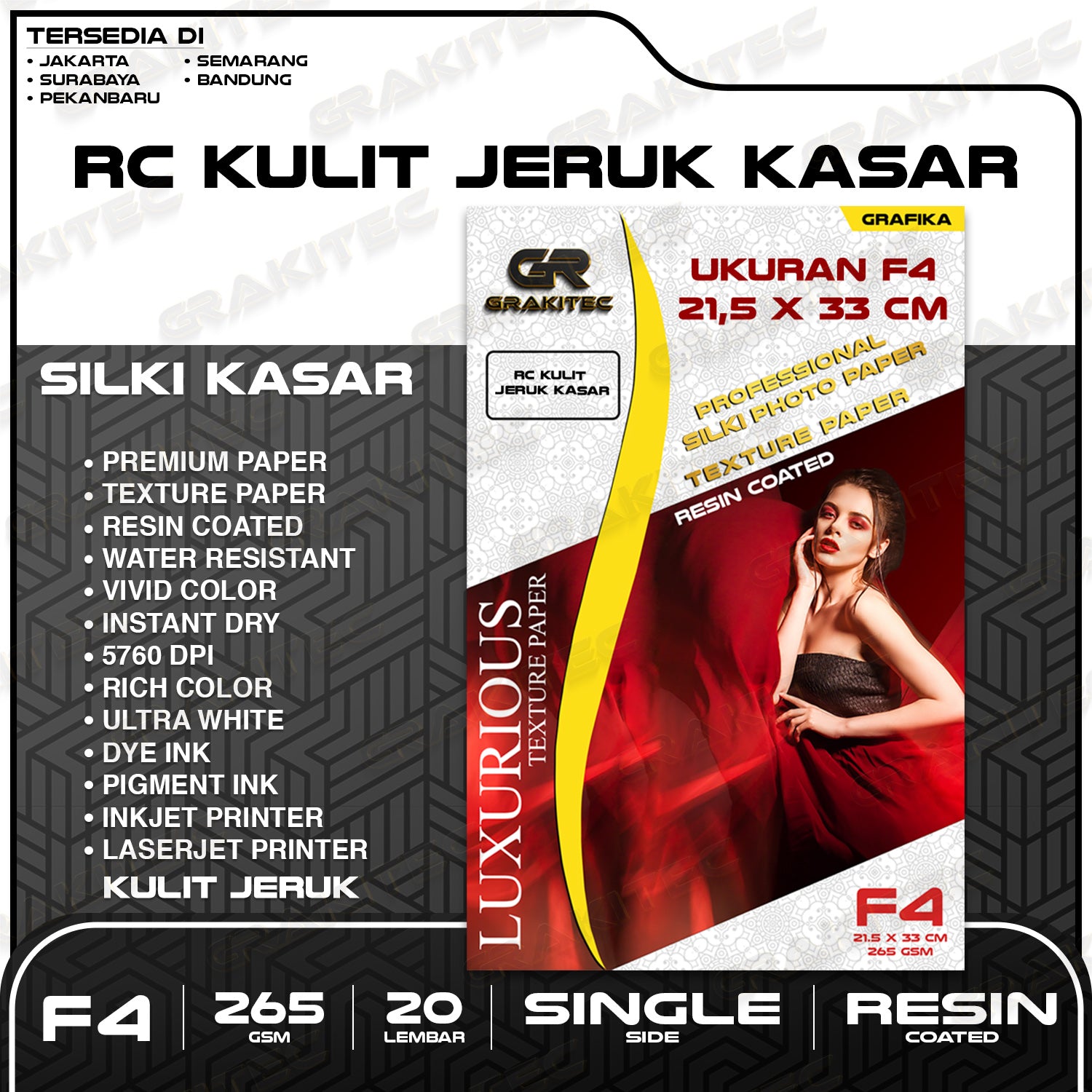 Kertas Foto Silki Texture F4 / A3 / A3+ Professional Silki Photo Paper 265 , Doff Motif Kulit Jeruk Halus & Kasar Luster Resin Coated GRAKITEC