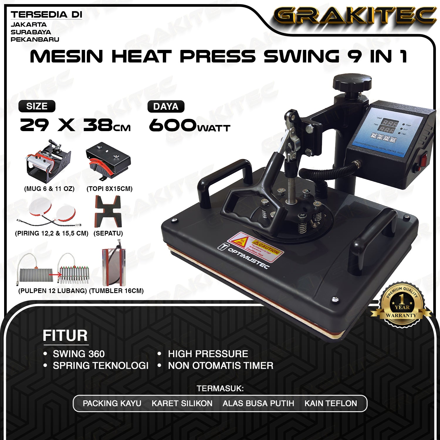Mesin Press Sablon Kaos Swing 29x38 600 Watt Multifungsi  Combo All in One 3in1, 5in1, 9in1 Sliding - Kaos, Mug, Topi, dan Piring
