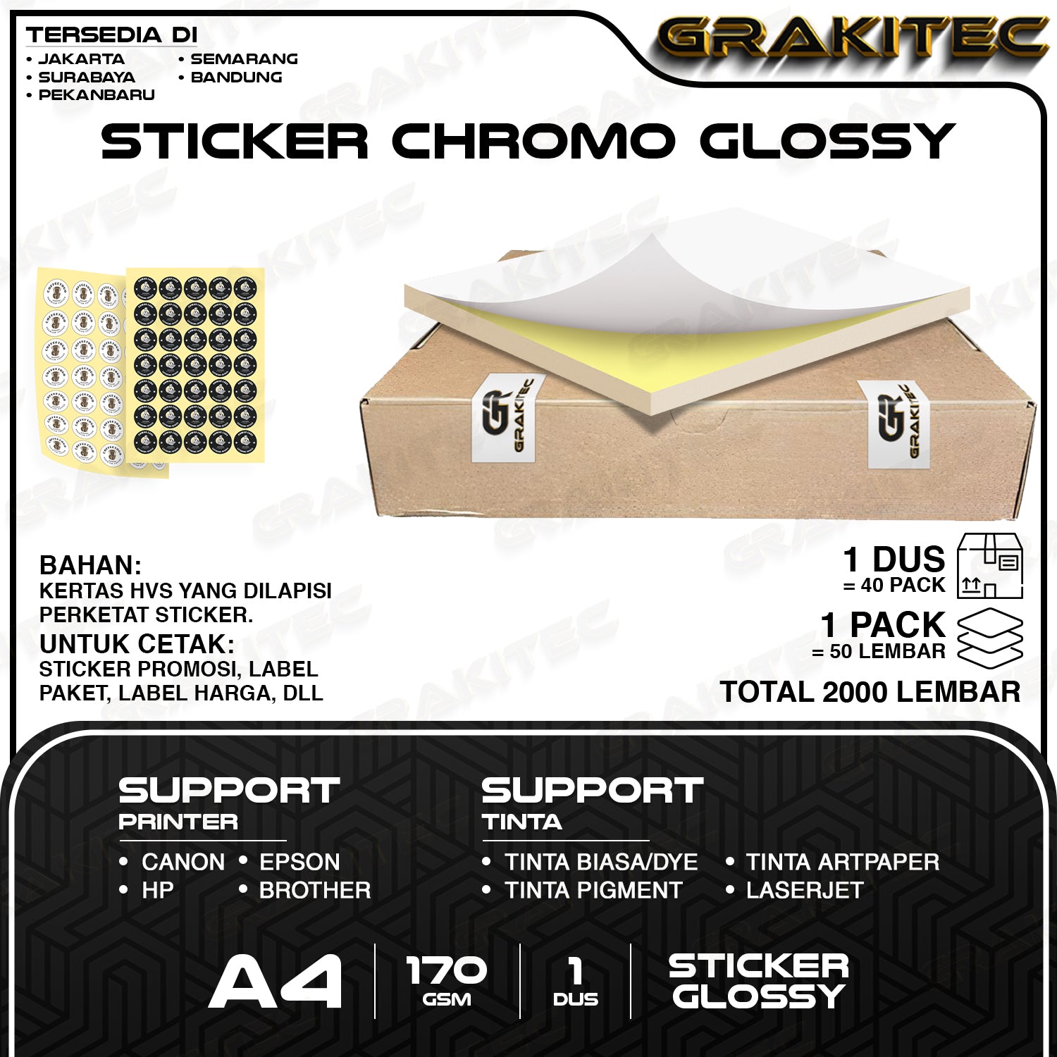 Sticker Chromo A4 Glossy / Doff HVS  Stiker Kromo, bontak, CTS, Cast-coated Cromo Inkjet Laserjet