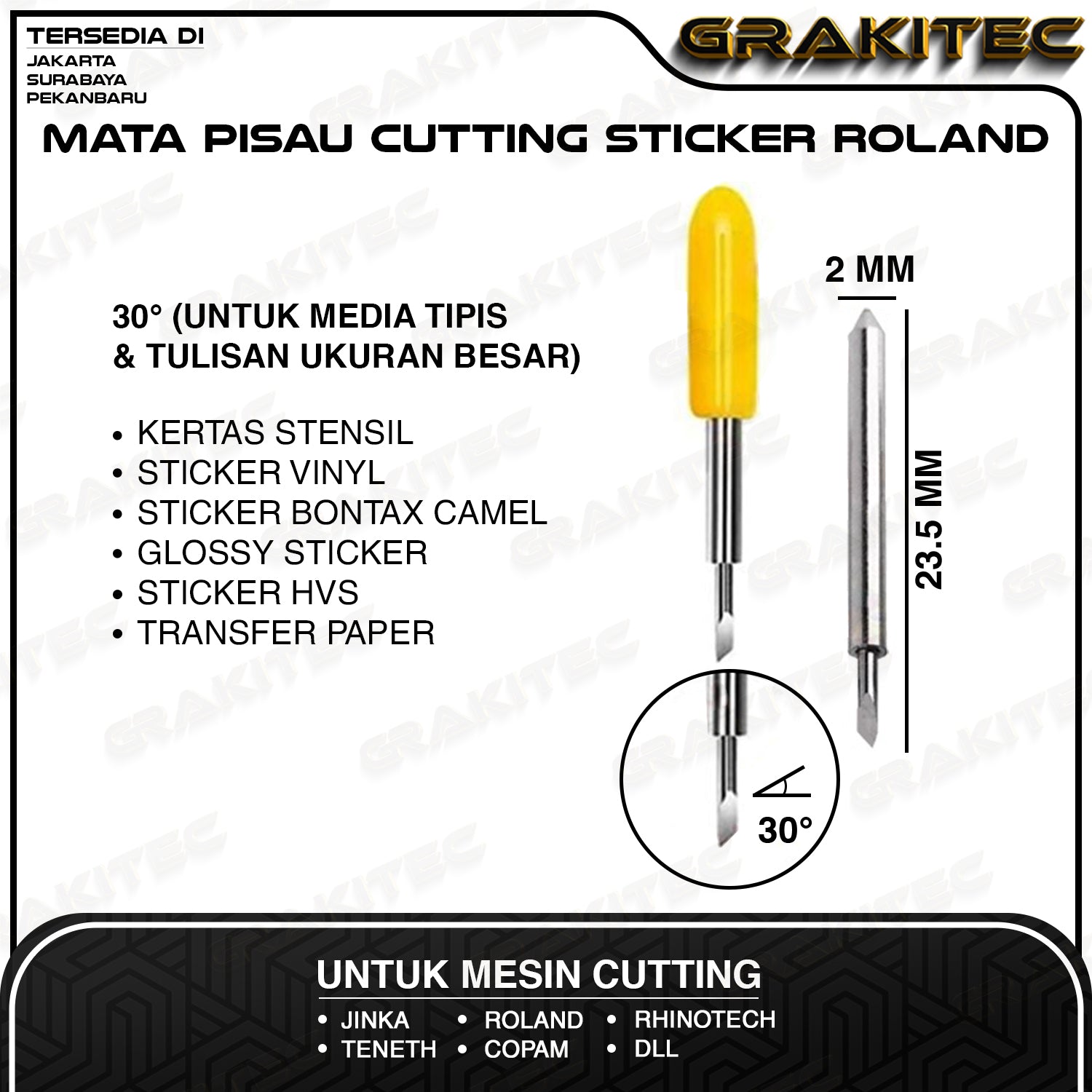 3 pcs Blade / Jarum / Mata Pisau Import Mesin Cutting Sticker untuk Roland J*nka Teneth Rhinotec Redsail Copam Harizo GCC 30 / 45 / 60 derajat Grakitec