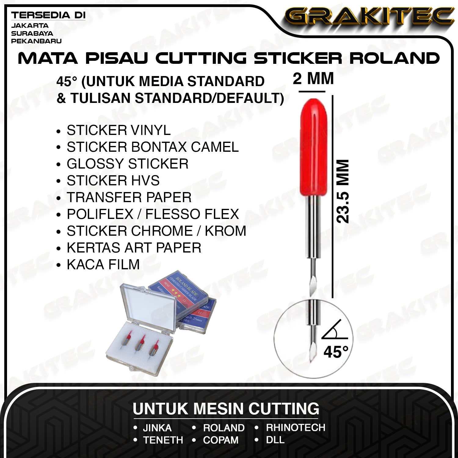 3 pcs Blade / Jarum / Mata Pisau Import Mesin Cutting Sticker untuk Roland J*nka Teneth Rhinotec Redsail Copam Harizo GCC 30 / 45 / 60 derajat Grakitec