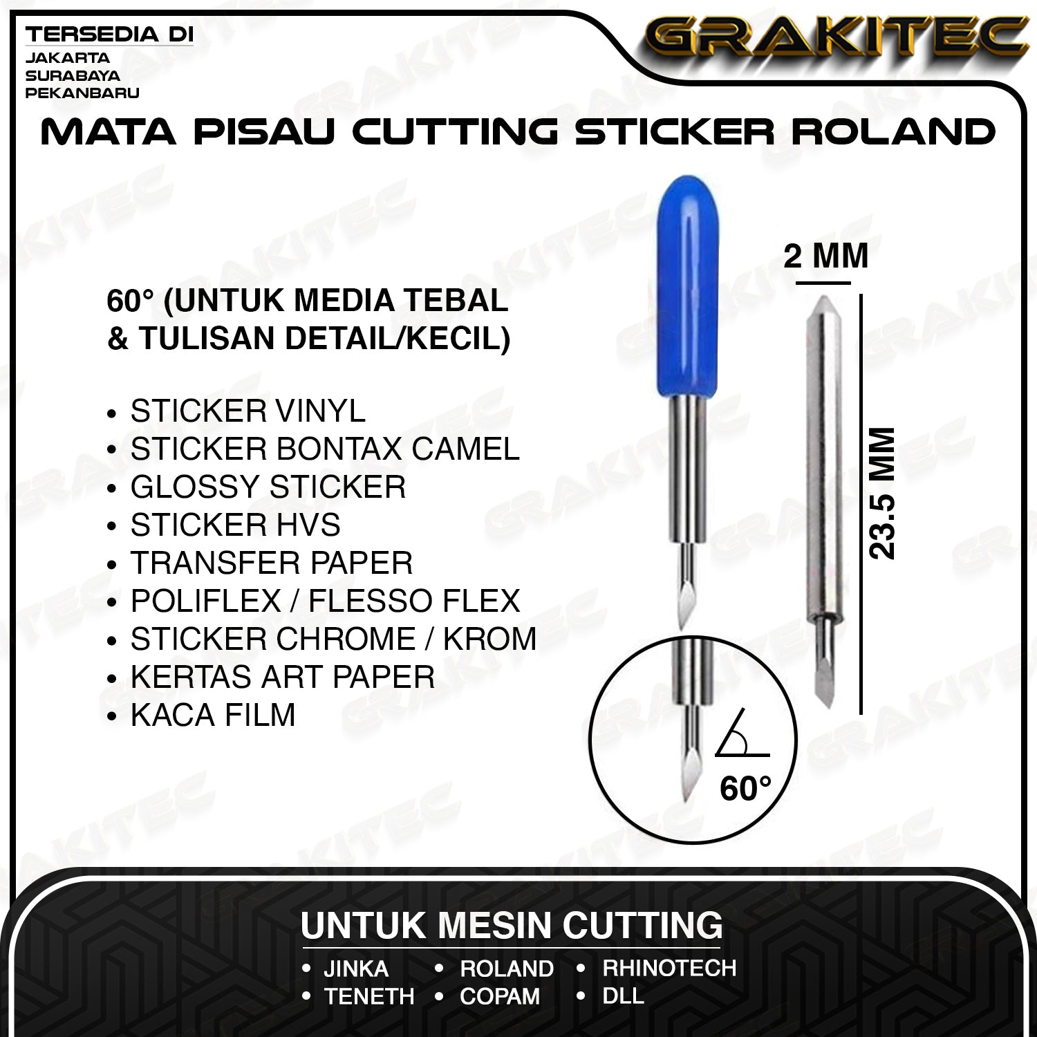 3 pcs Blade / Jarum / Mata Pisau Import Mesin Cutting Sticker untuk Roland J*nka Teneth Rhinotec Redsail Copam Harizo GCC 30 / 45 / 60 derajat Grakitec