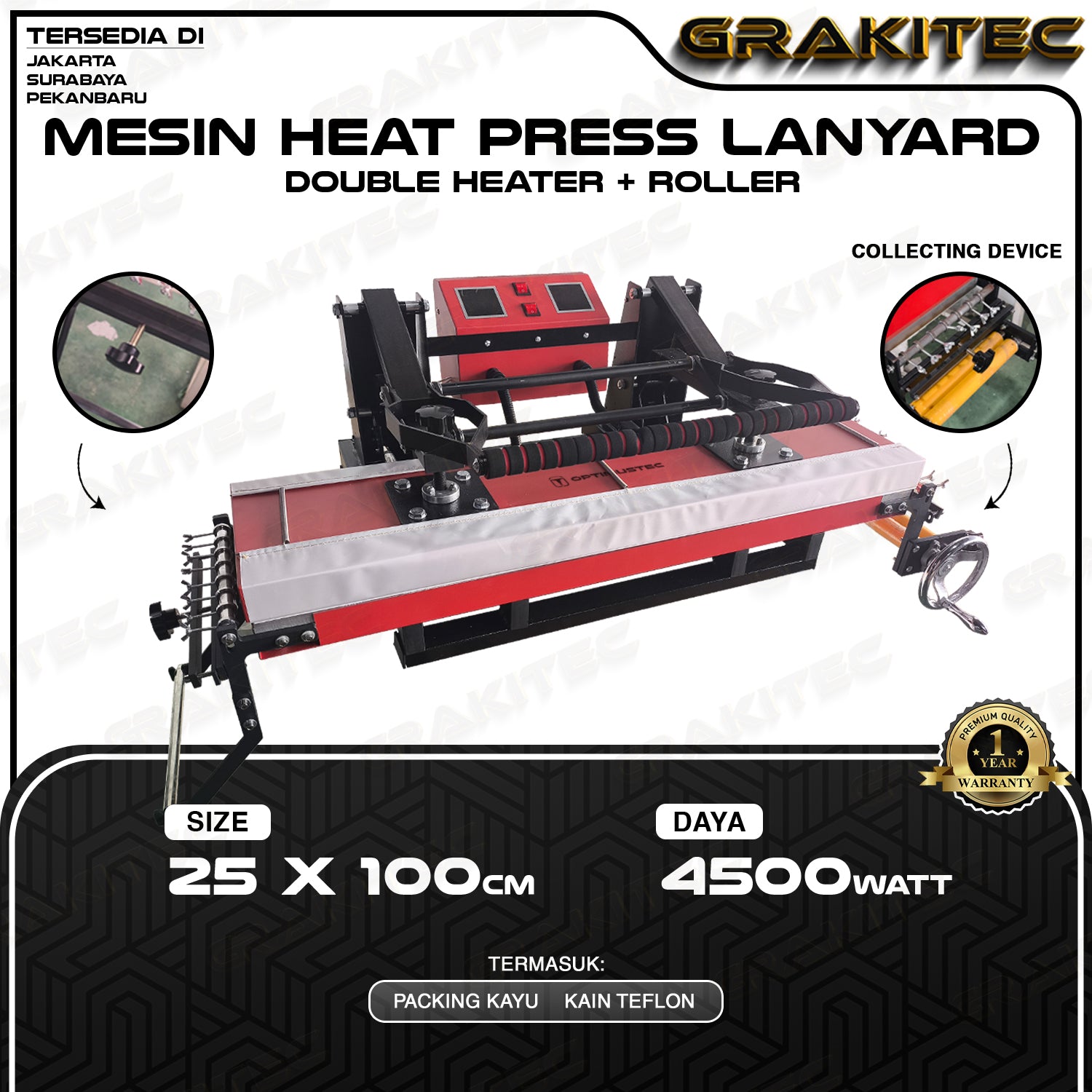 Mesin Press Lanyard + Roller 25x100 cm 1800 Watt Double Heater -  Tali Lanyard Name Tag Mesin Sablon