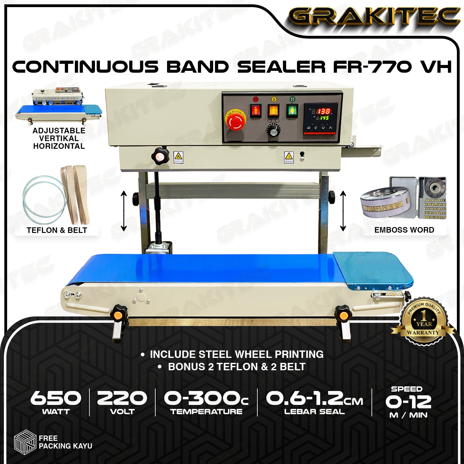 Continuous Band Sealer FR-900/770/400 Mini Vertikal Horizontal Mesin Segel Plastik / Aluminium Foil / Spanduk Banner Grakitec