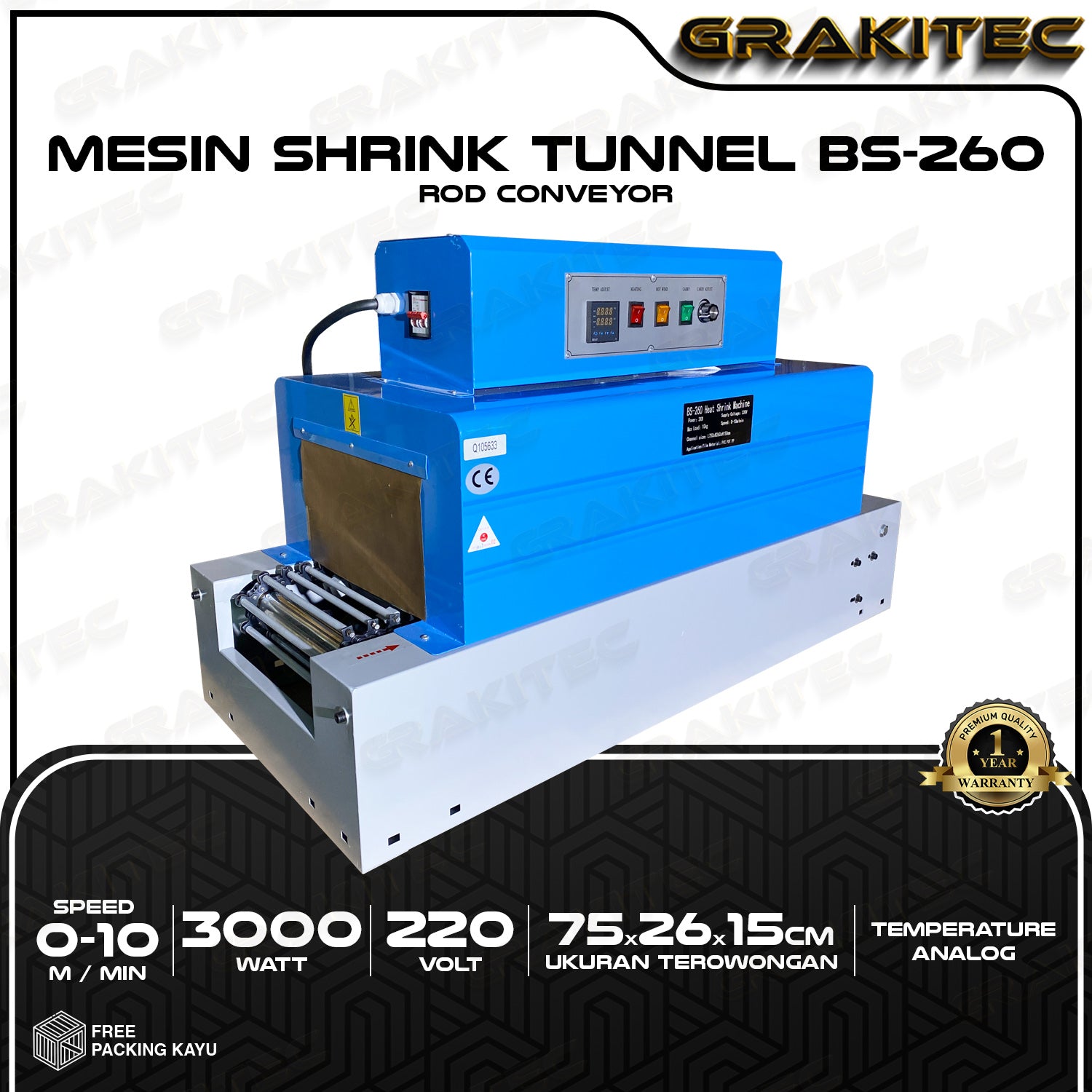 BS-260 Mesin Shrink Tunnel Wrapping Penyusut Plastik Kemasan Grakitec